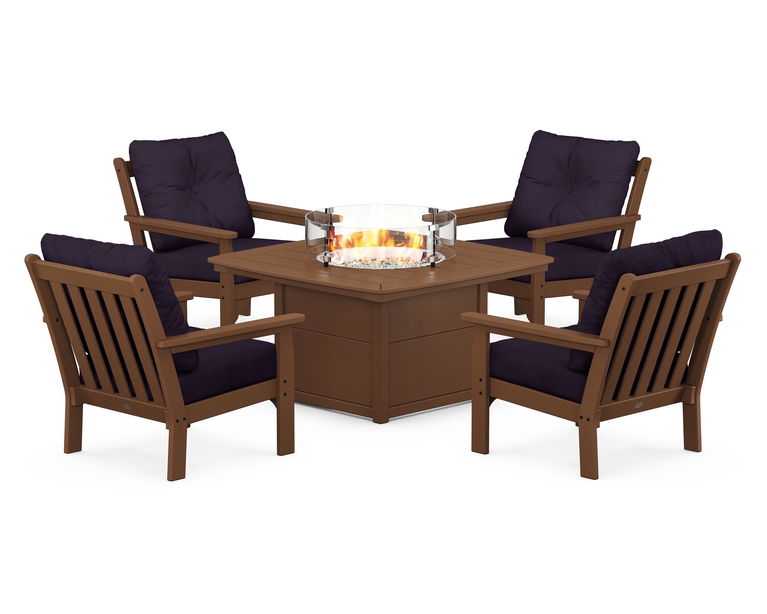 Vineyard 5-Piece Conversation Set with Fire Pit Table in Teak / Navy Linen