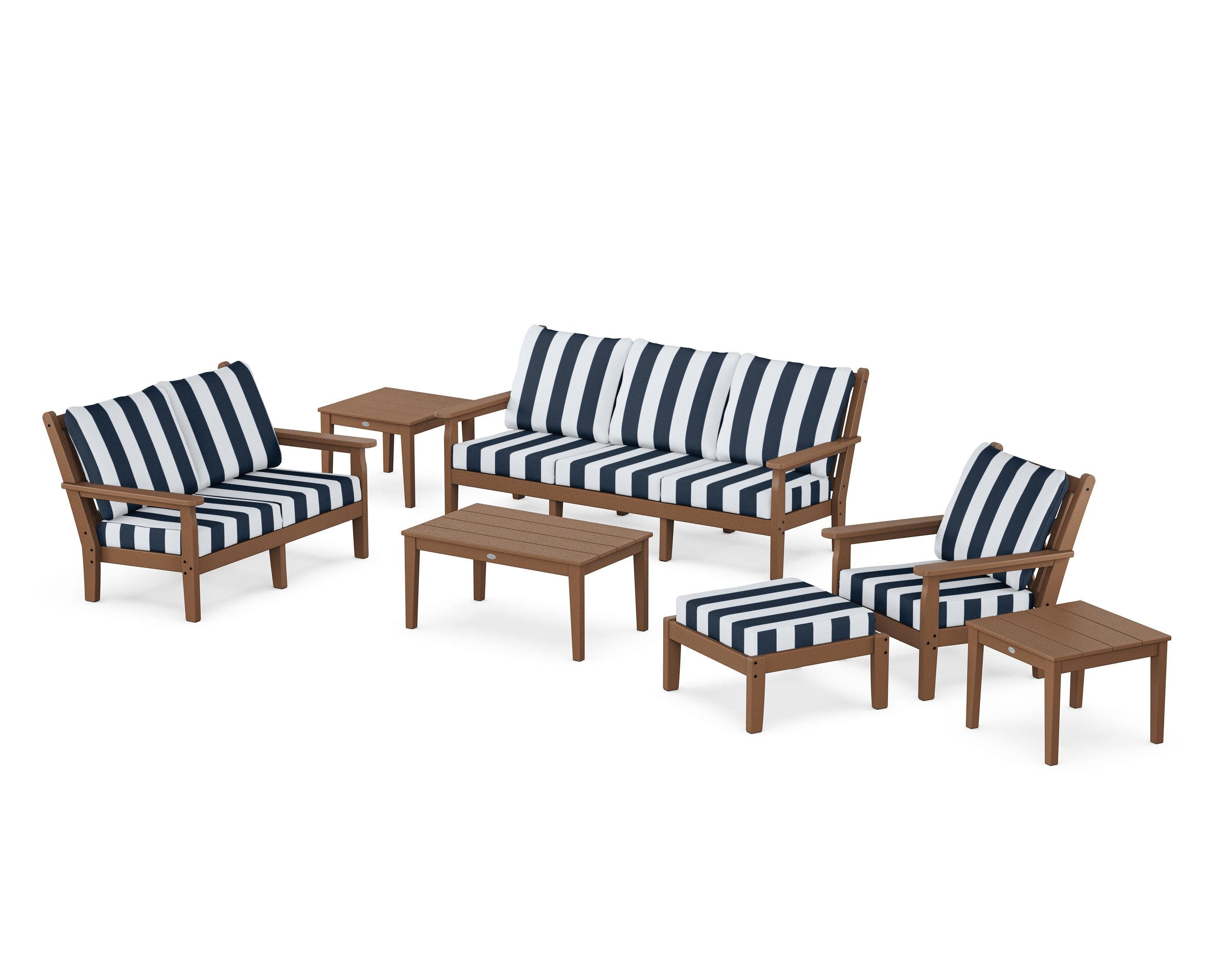 Chippendale 7-Piece Deep Seating Set in Teak / Cabana Stripe Marine Indigo