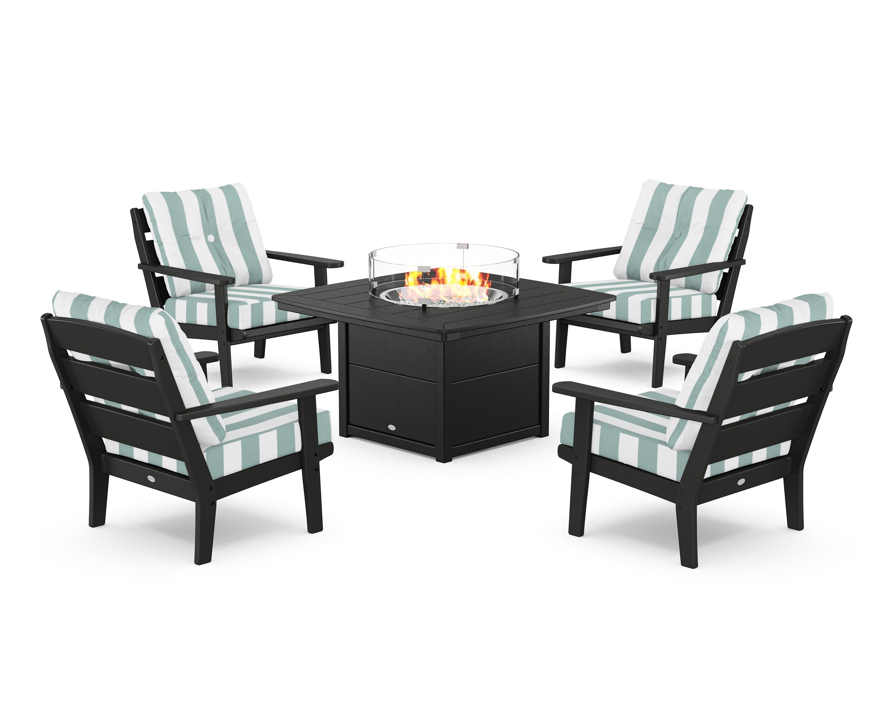 Lakeside 5-Piece Deep Seating Set with Nautical Fire Pit Table in Black / Cabana Stripe Glacier Spa