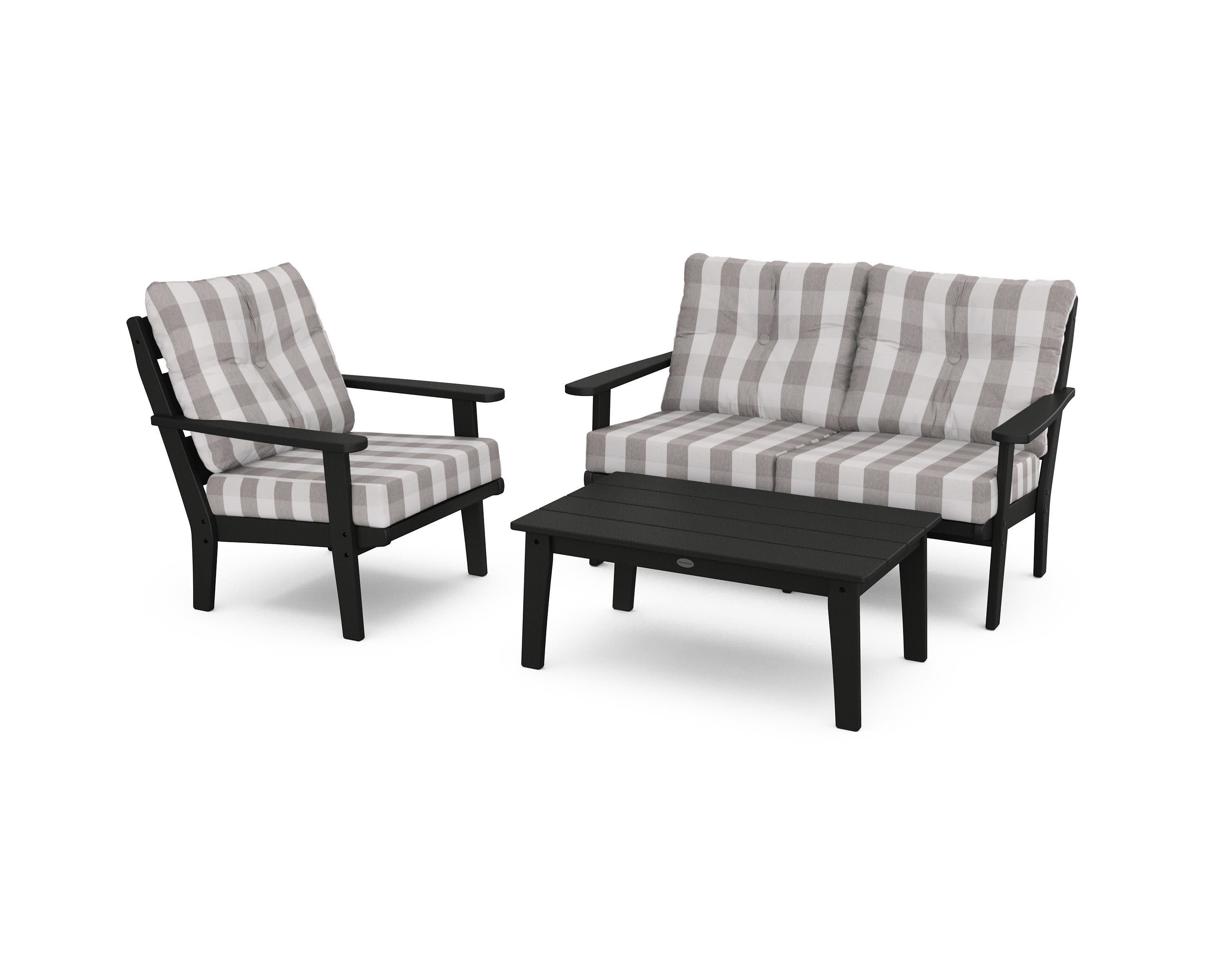Lakeside 3-Piece Deep Seating Set in Black / Buffalo Plaid Grey Mist