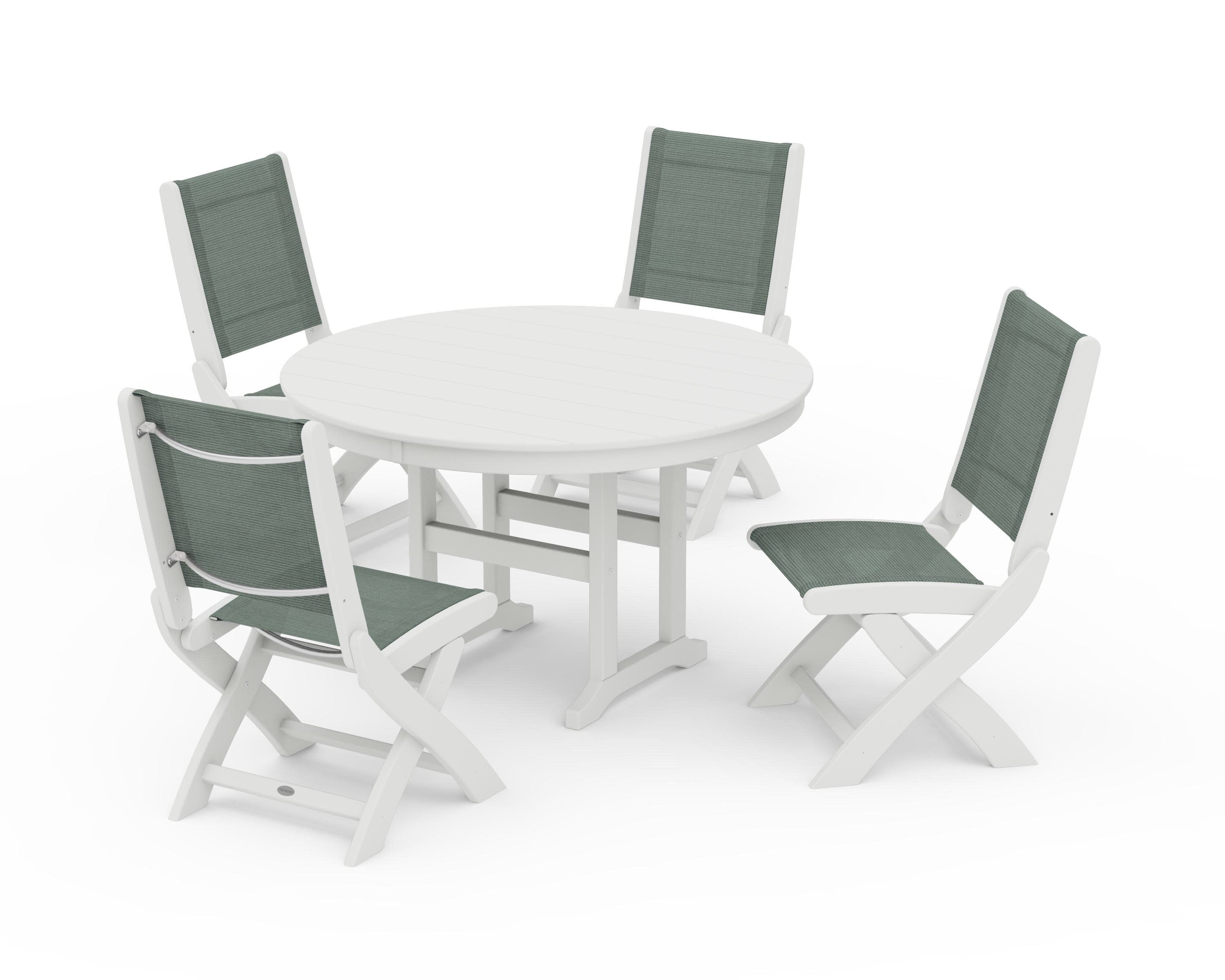 Coastal Folding Side Chair 5-Piece Round Dining Set in Vintage White / Dupioni Sea Mist Sling