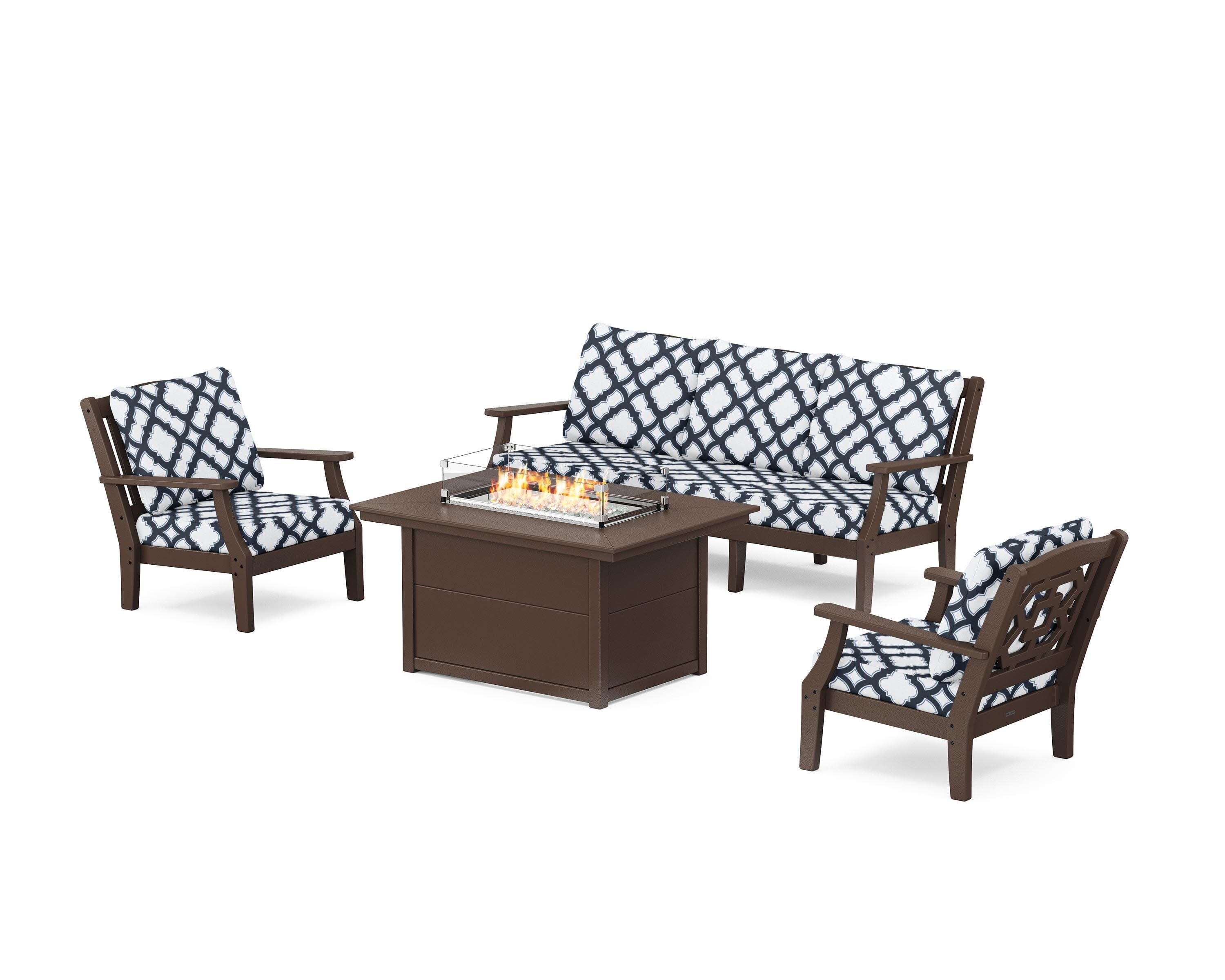 Chinoiserie Deep Seating Fire Pit Table Set in Mahogany / Trellis Marine Indigo