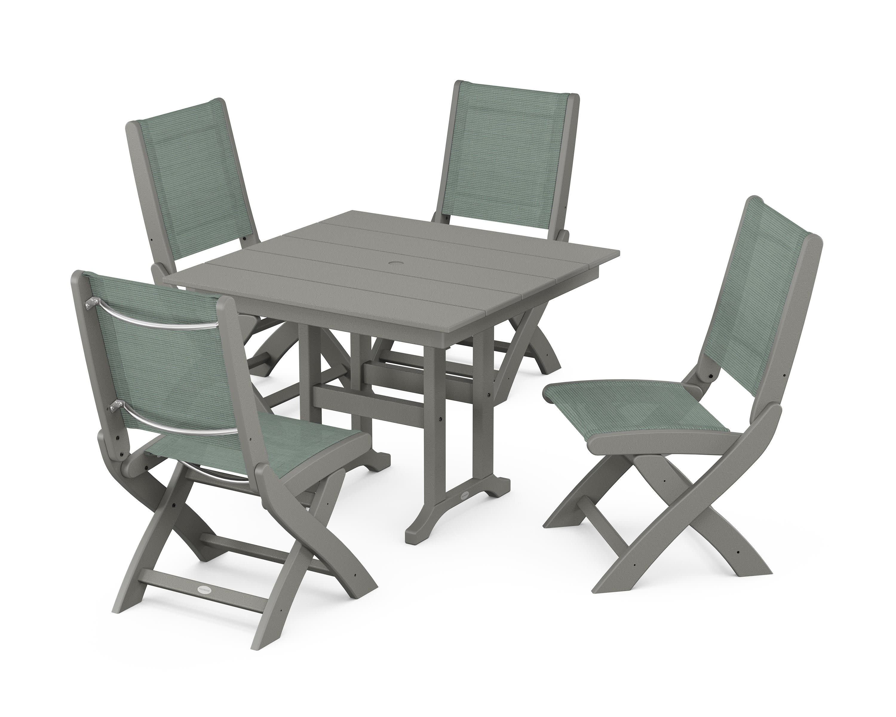 Coastal Folding Side Chair 5-Piece Farmhouse Dining Set in Slate Grey / Dupioni Sea Mist Sling