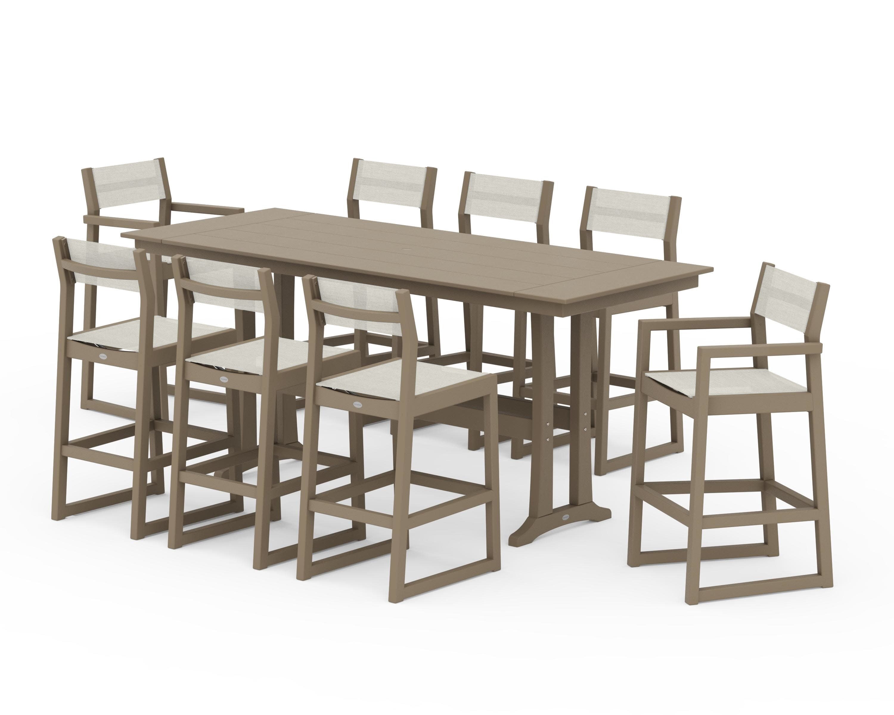 EDGE Sling 9-Piece Farmhouse Bar Set with Trestle Legs in Vintage Sahara / Parchment Sling