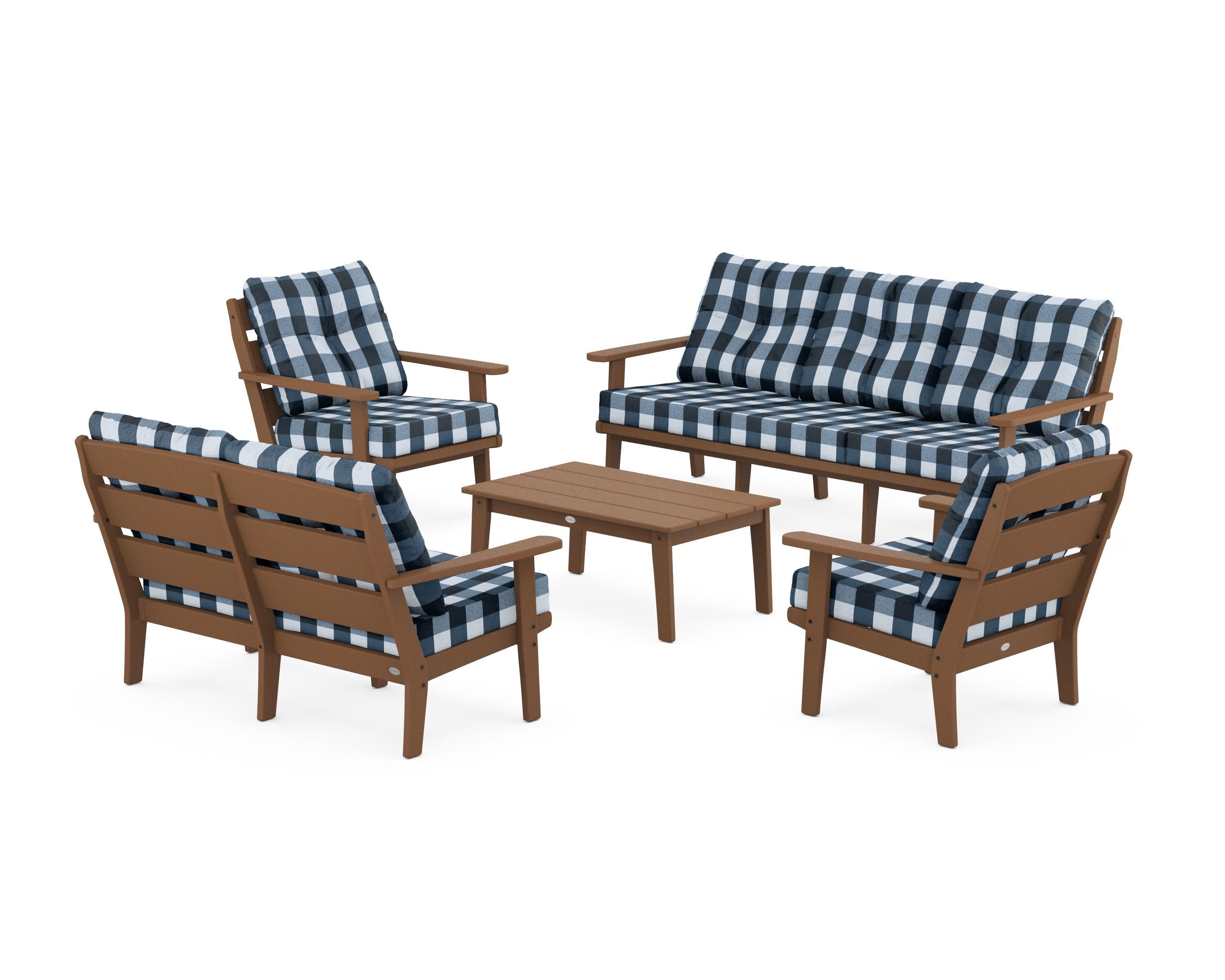 Lakeside 5-Piece Lounge Sofa Set in Teak / Buffalo Plaid Marine Indigo