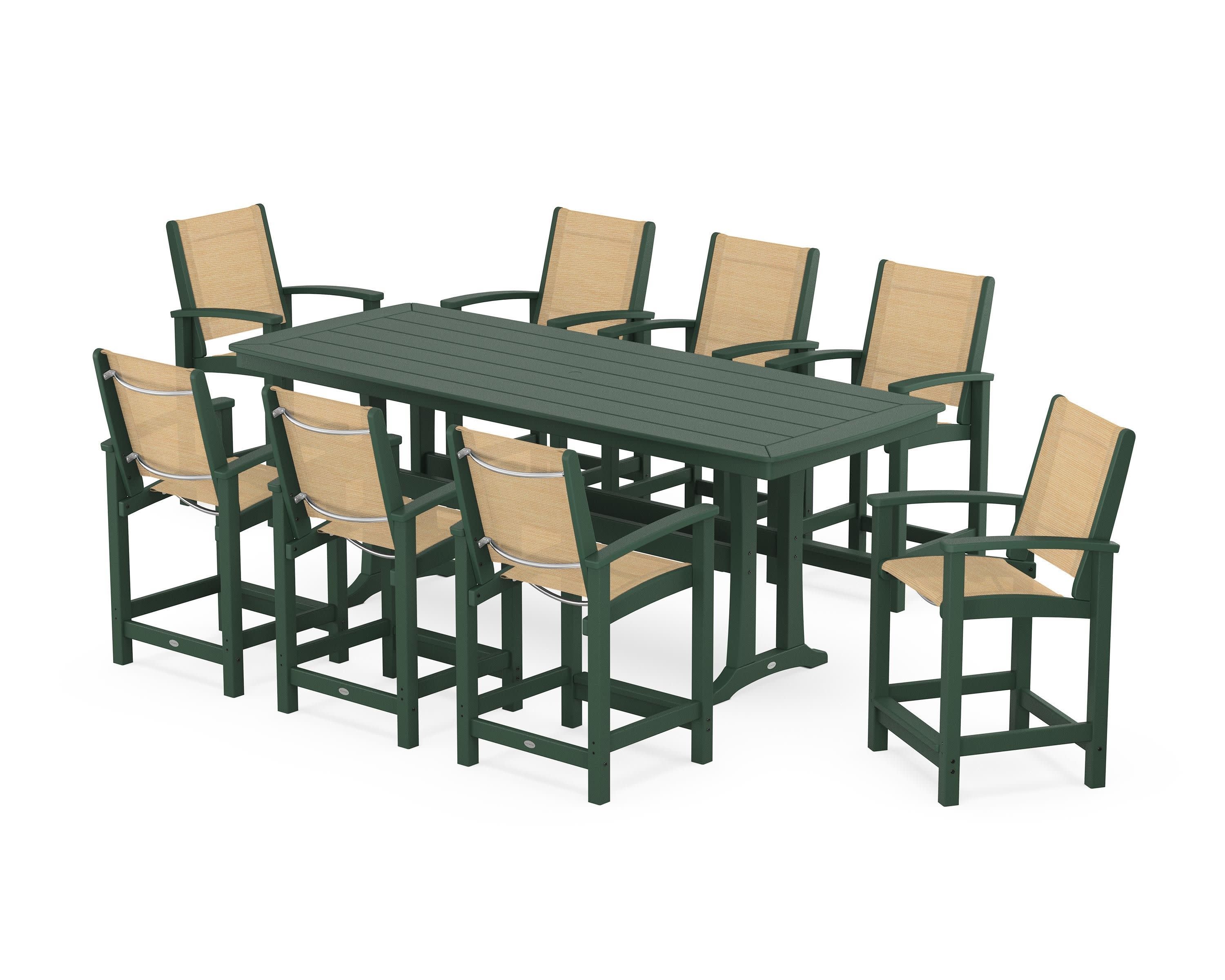 Coastal 9-Piece Counter Set with Trestle Legs in Green / Dupioni Apricot Sling