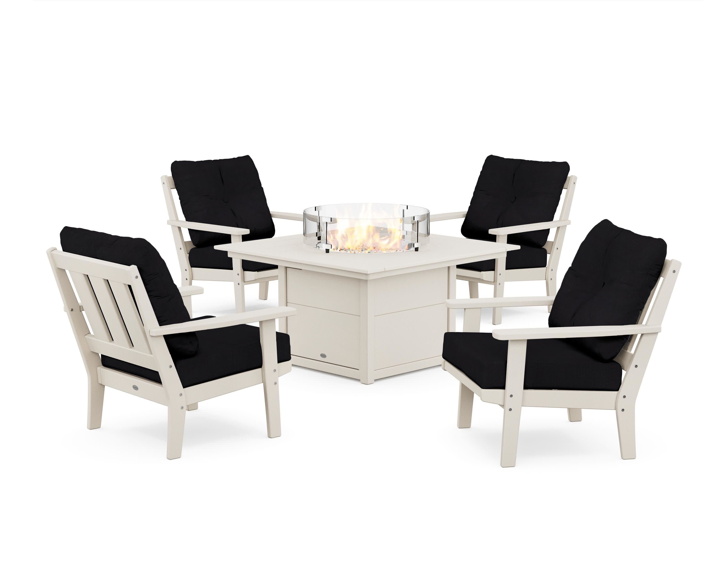 Oxford 5-Piece Deep Seating Set with Fire Pit Table in Sand / Midnight Linen
