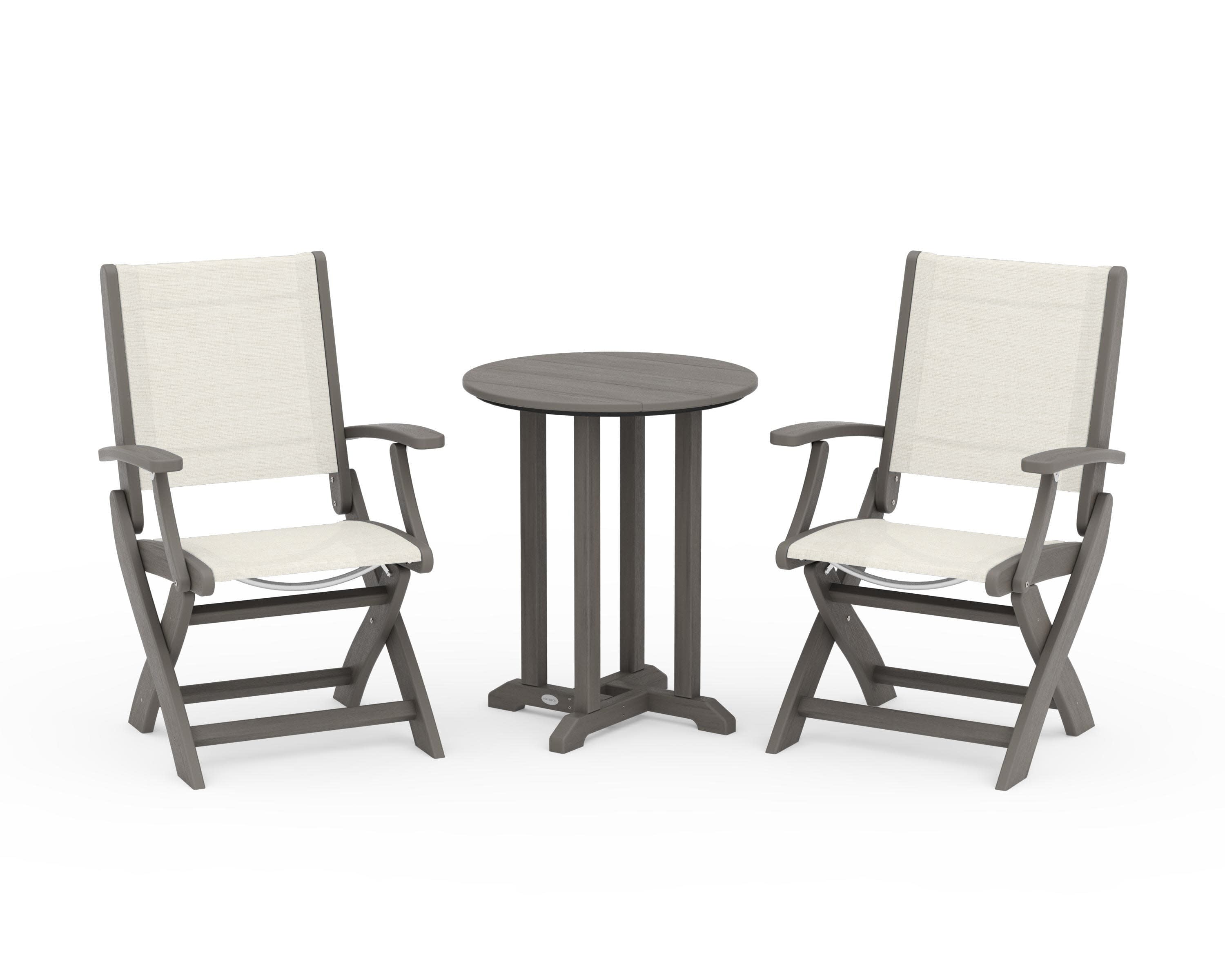 Coastal Folding 3-Piece Round Bistro Dining Set in Driftwood / Parchment Sling