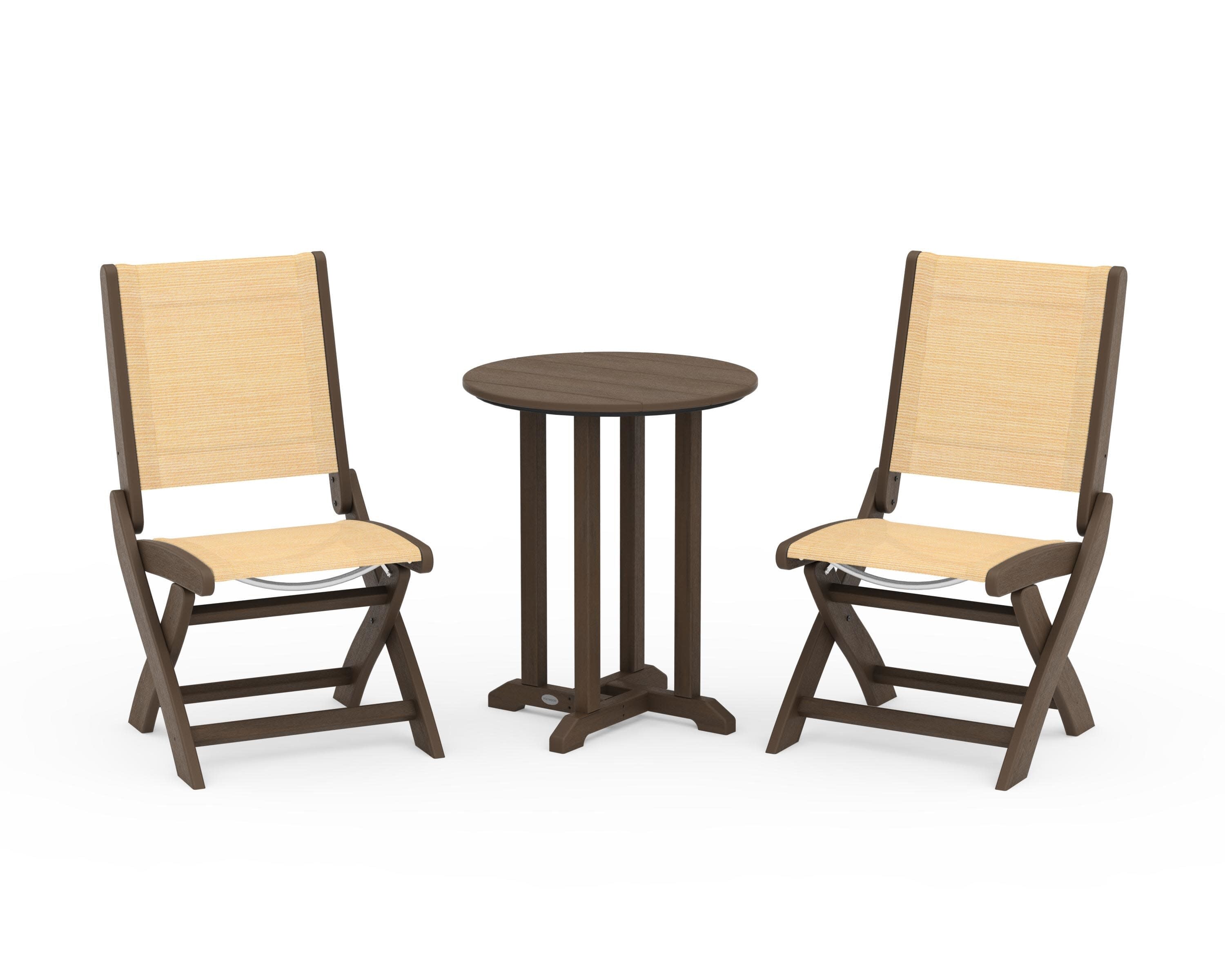 Coastal Folding Side Chair 3-Piece Round Bistro Dining Set in Kona / Dupioni Apricot Sling