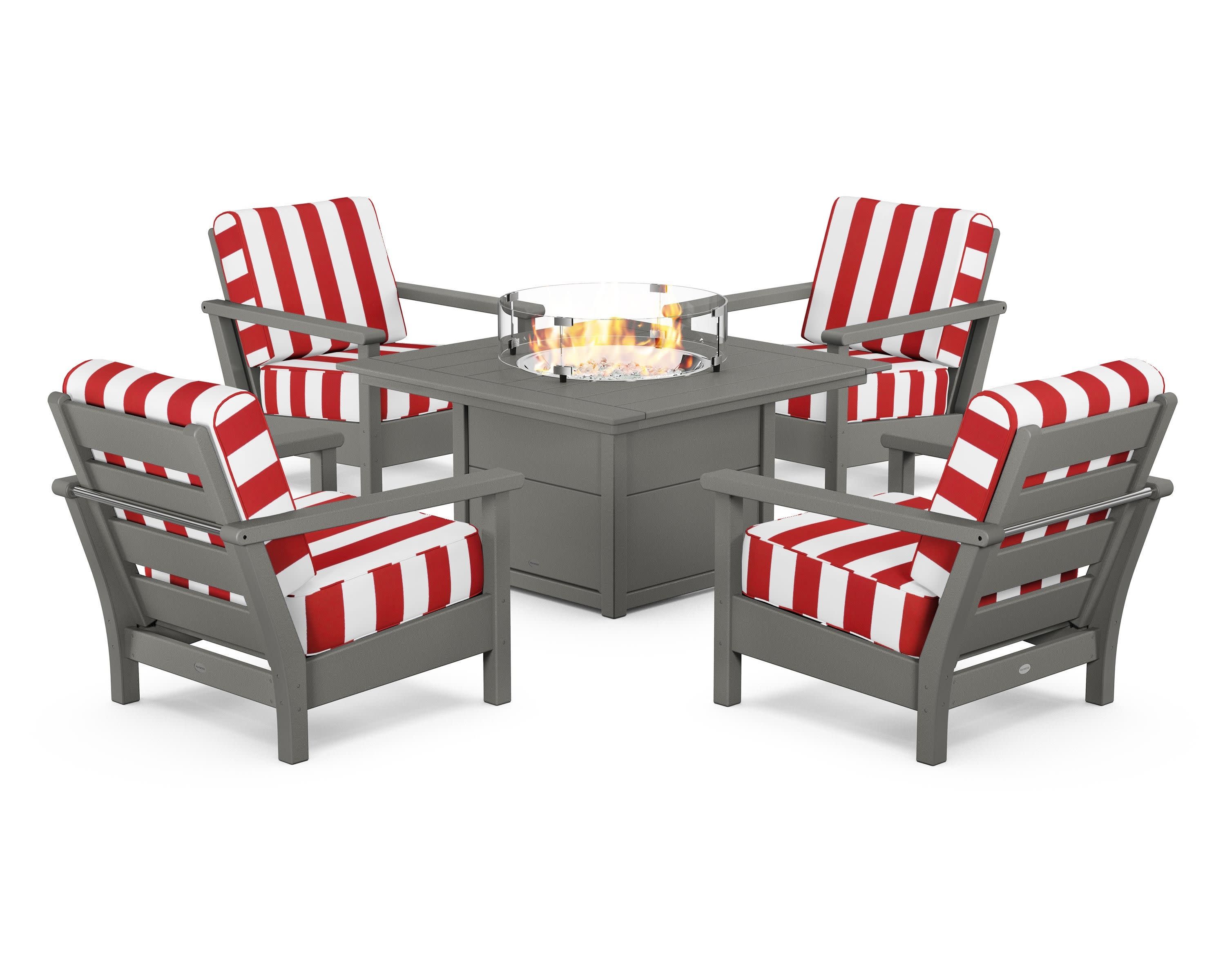 Harbour 5-Piece Conversation Set with Fire Pit Table in Slate Grey / Cabana Stripe Crimson