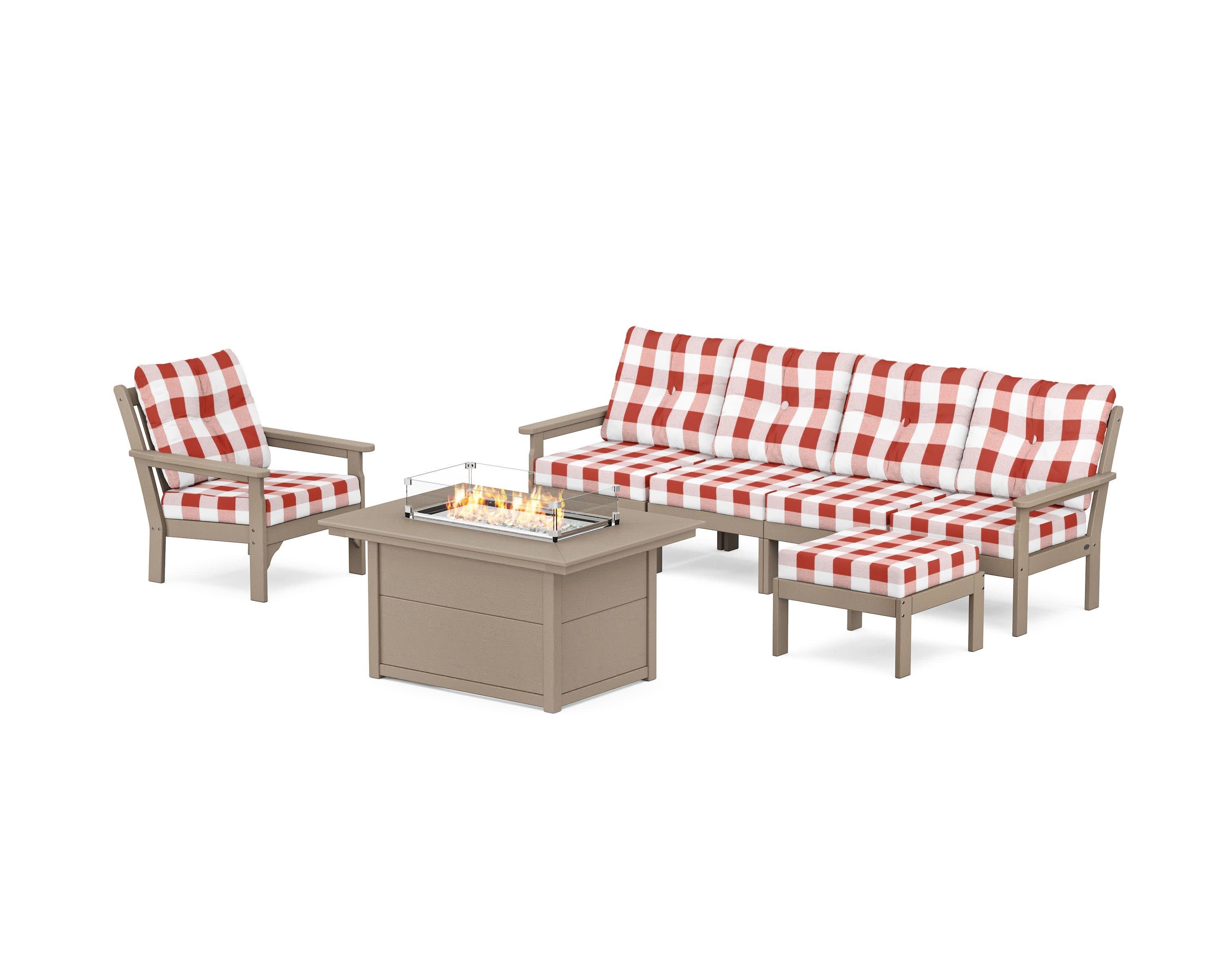 Vineyard Sectional Lounge and Fire Pit Set in Vintage Sahara / Buffalo Plaid Crimson