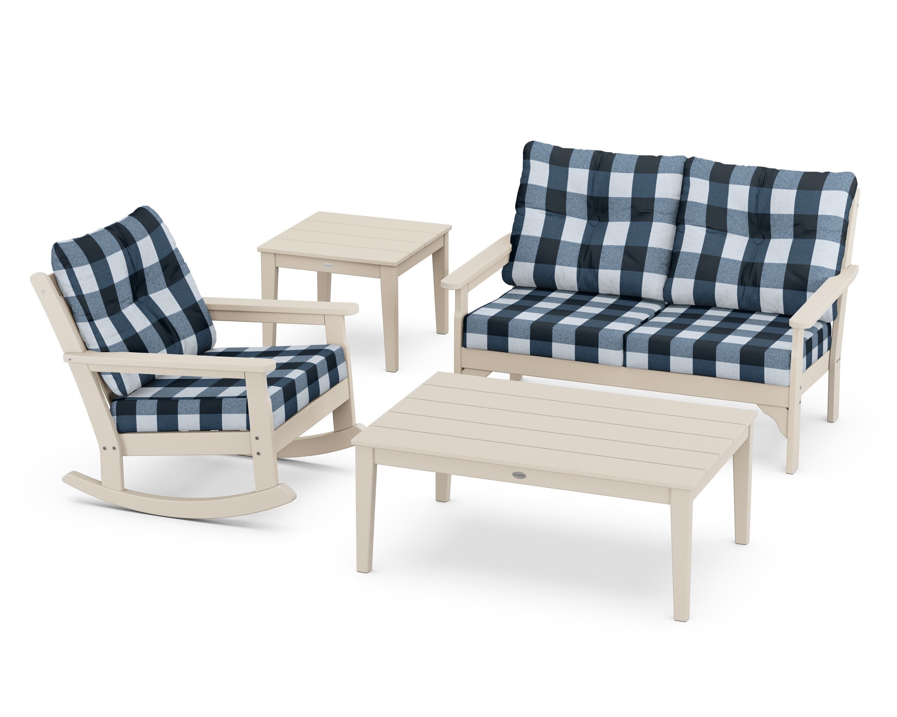 Vineyard 4-Piece Deep Seating Rocker Set in Sand / Buffalo Plaid Marine Indigo