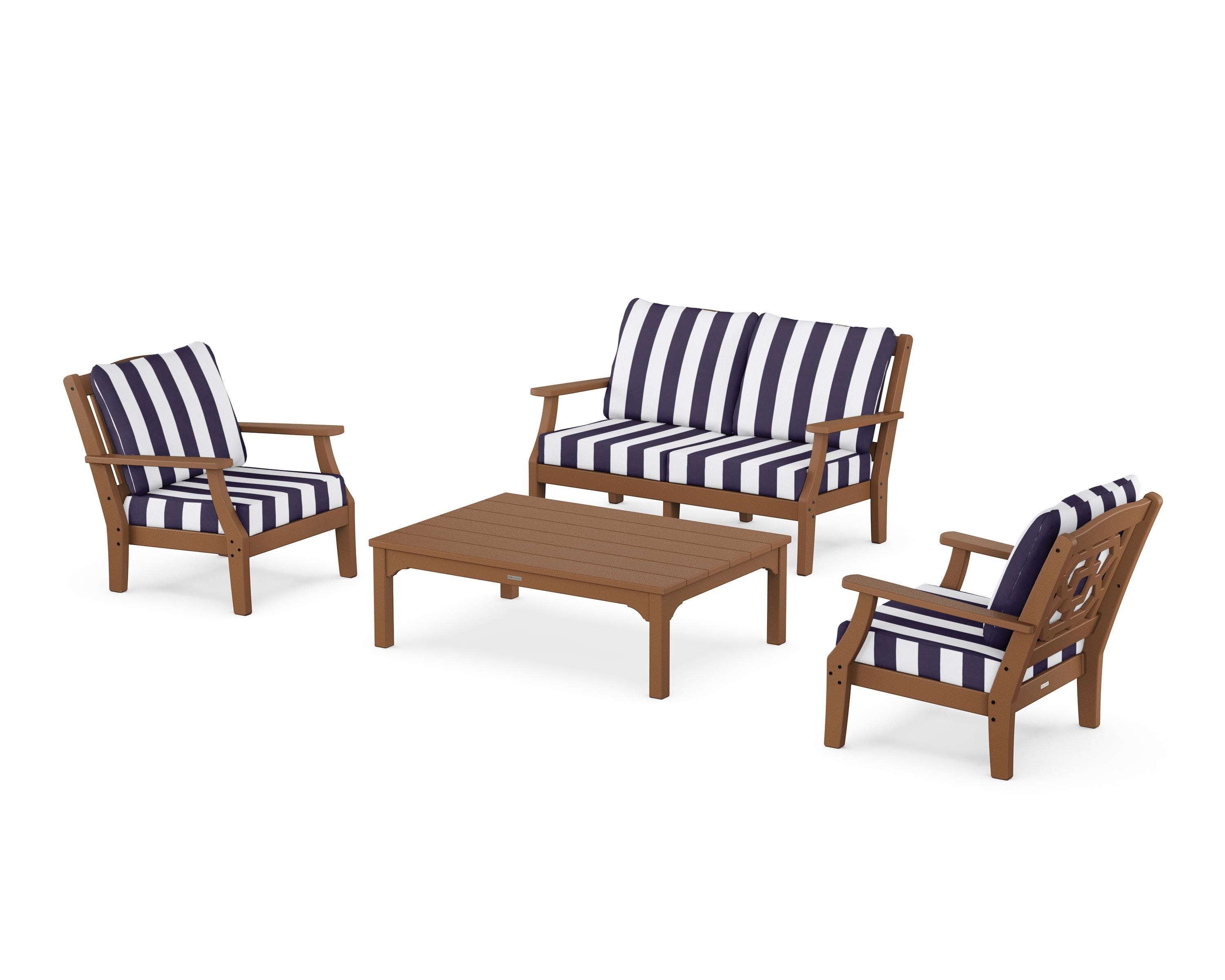 Chinoiserie 4-Piece Deep Seating Set with Loveseat in Teak / Cabana Stripe Navy