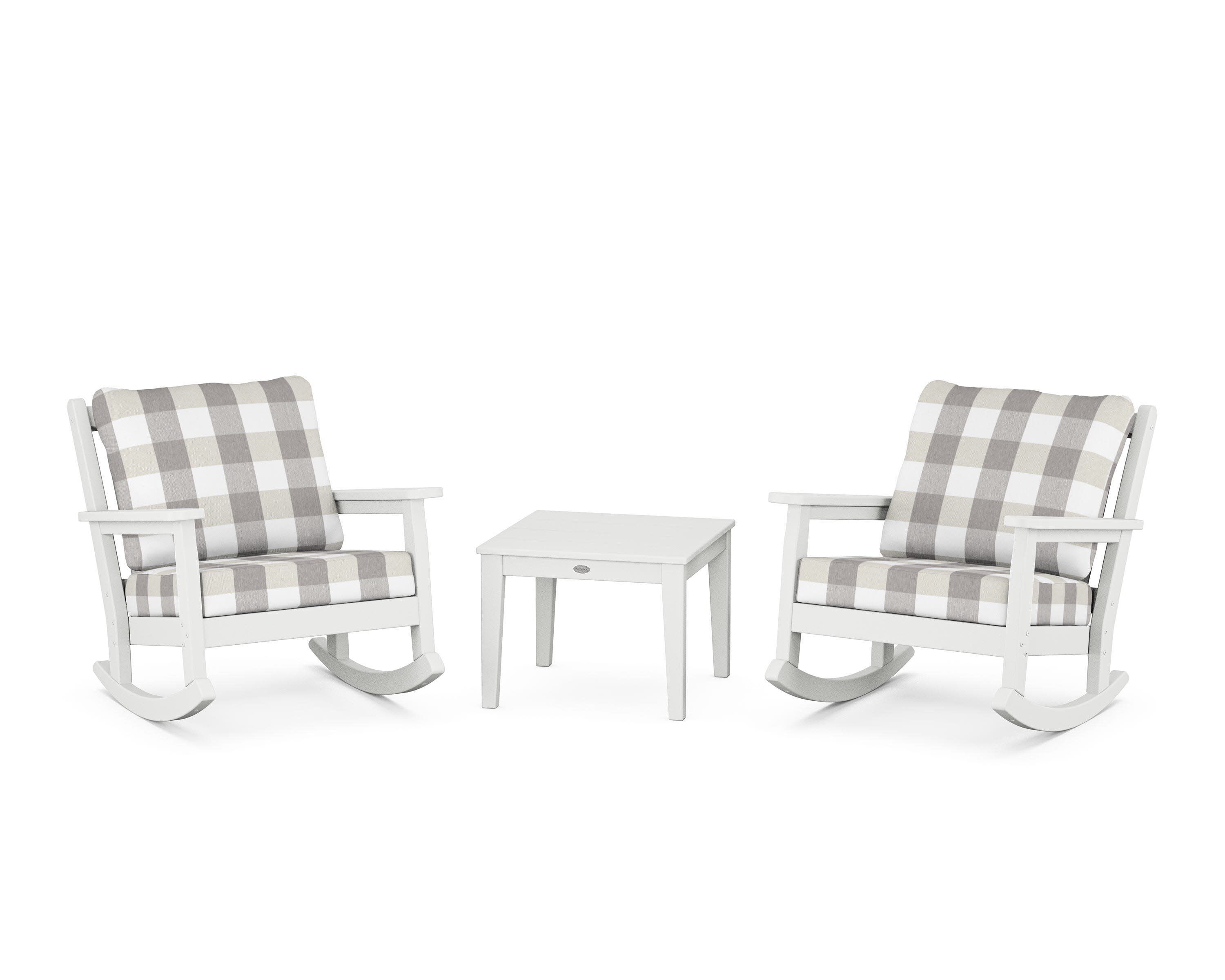 Chippendale 3-Piece Deep Seating Rocker Set in White / Buffalo Plaid Grey Mist
