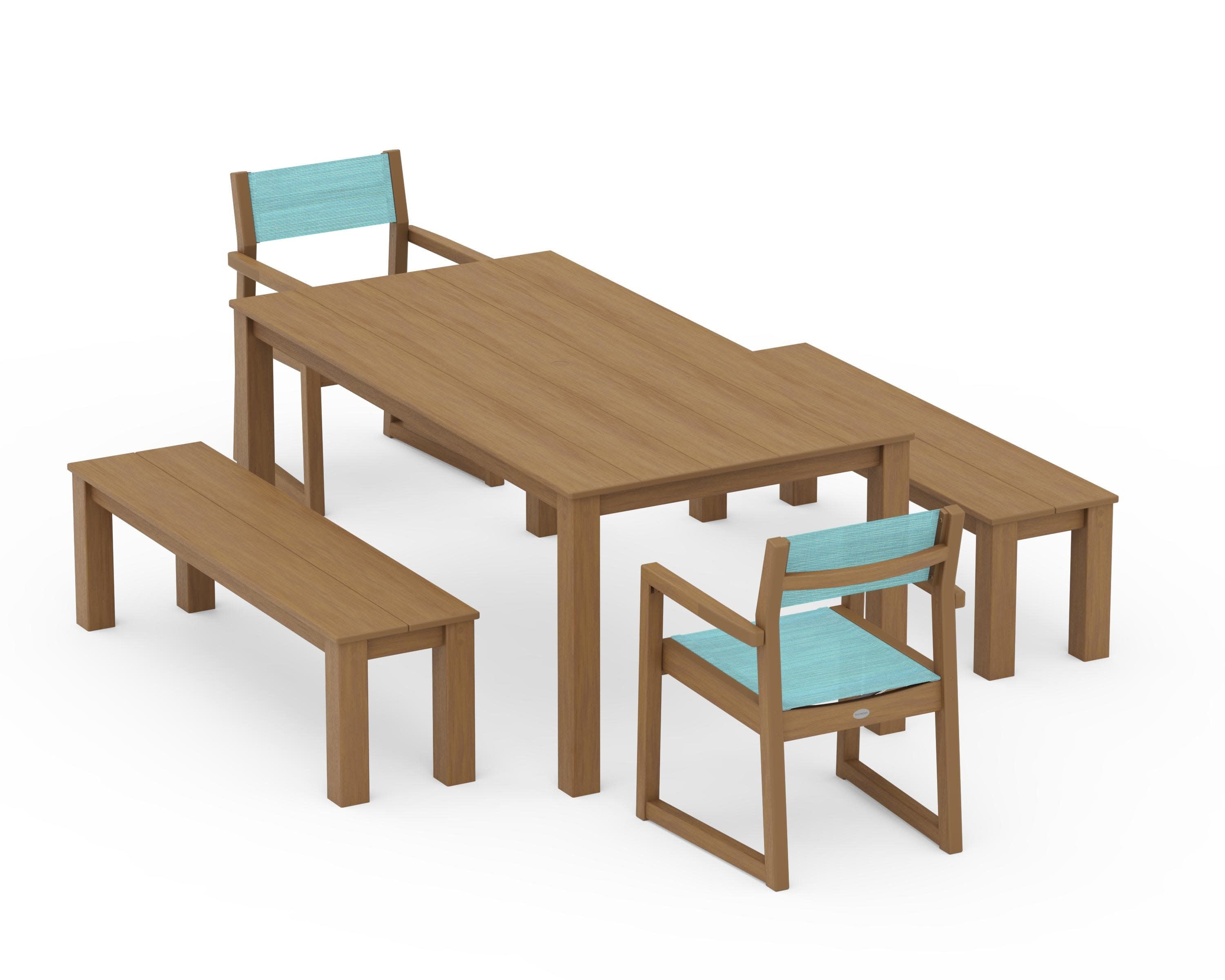 EDGE Sling Arm Chair 5-Piece Parsons Dining Set with Benches in Natural / Dupioni Aquamarine Sling