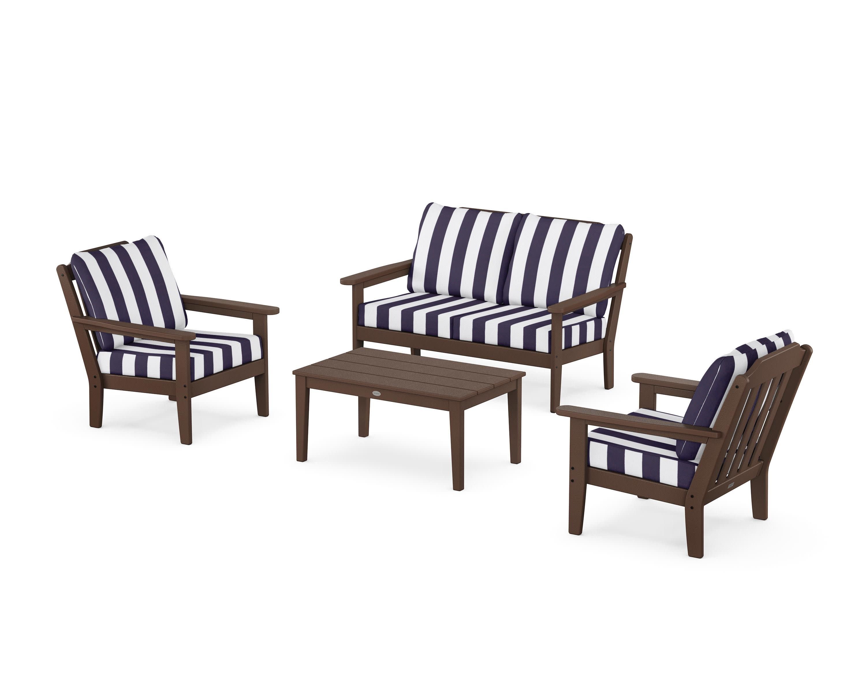 Cottage 4-Piece Deep Seating Set with Loveseat in Mahogany / Cabana Stripe Navy