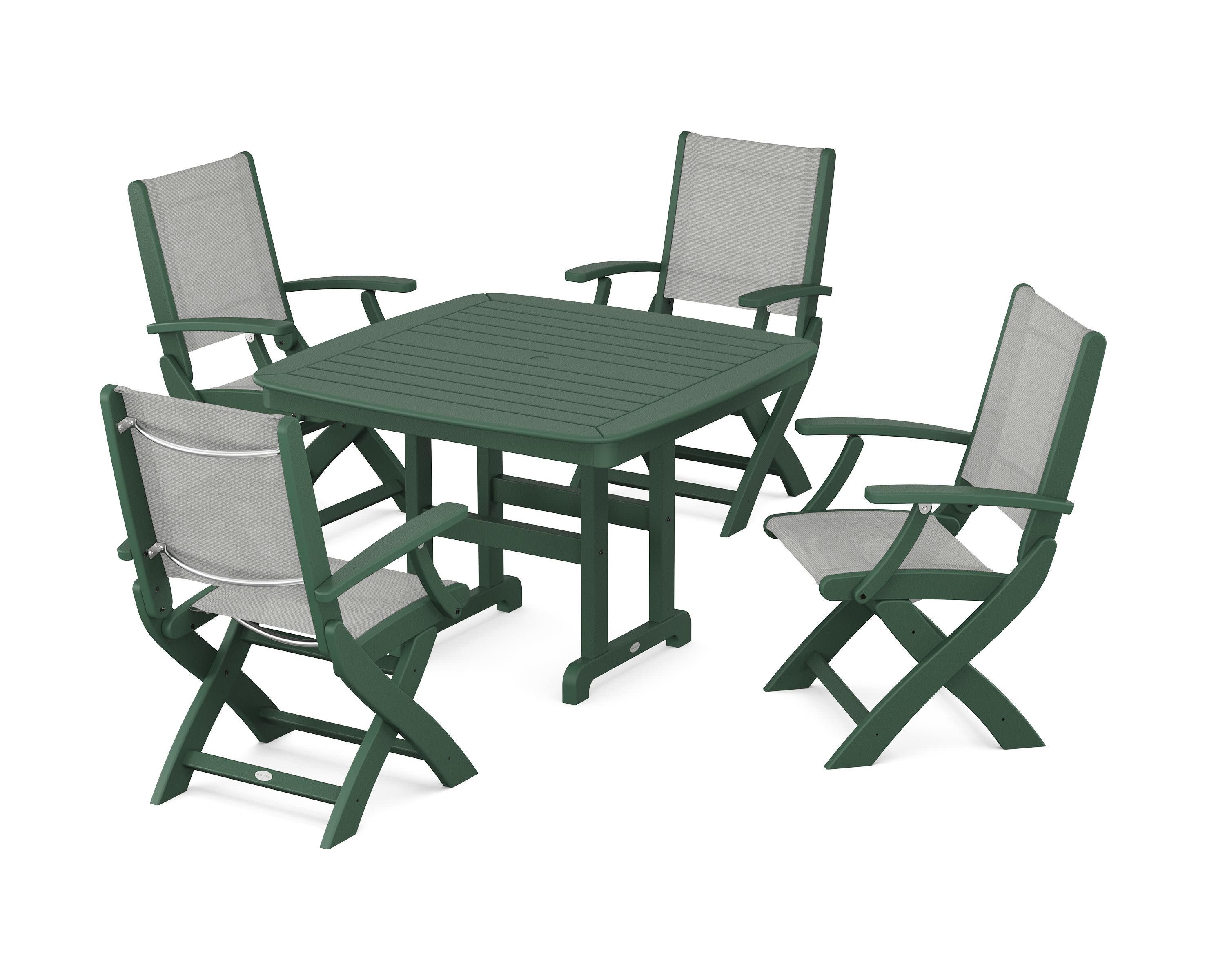 Coastal Folding Chair 5-Piece Dining Set in Green / Metallic Sling