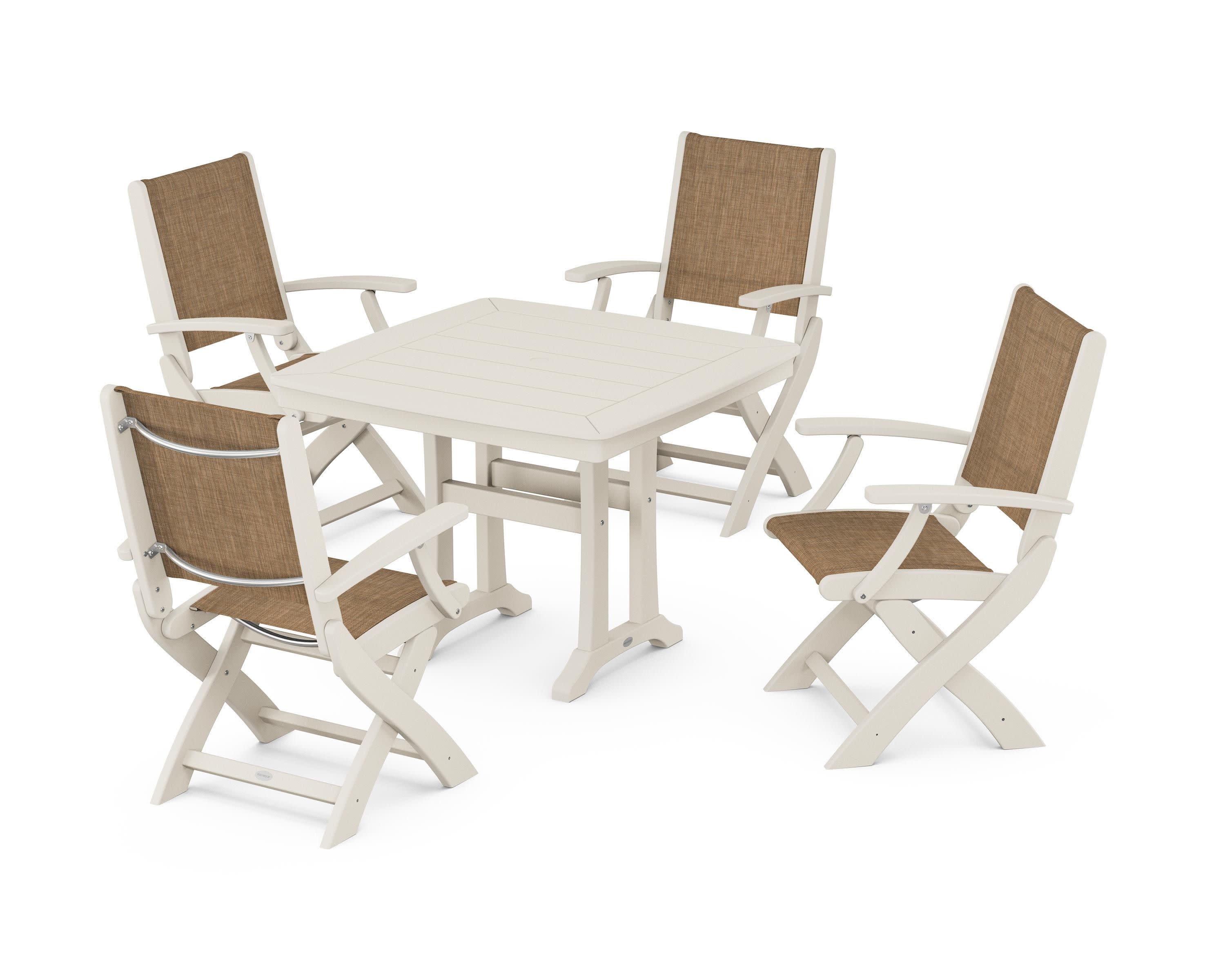 Coastal Folding Chair 5-Piece Dining Set with Trestle Legs in Sand / Burlap Sling