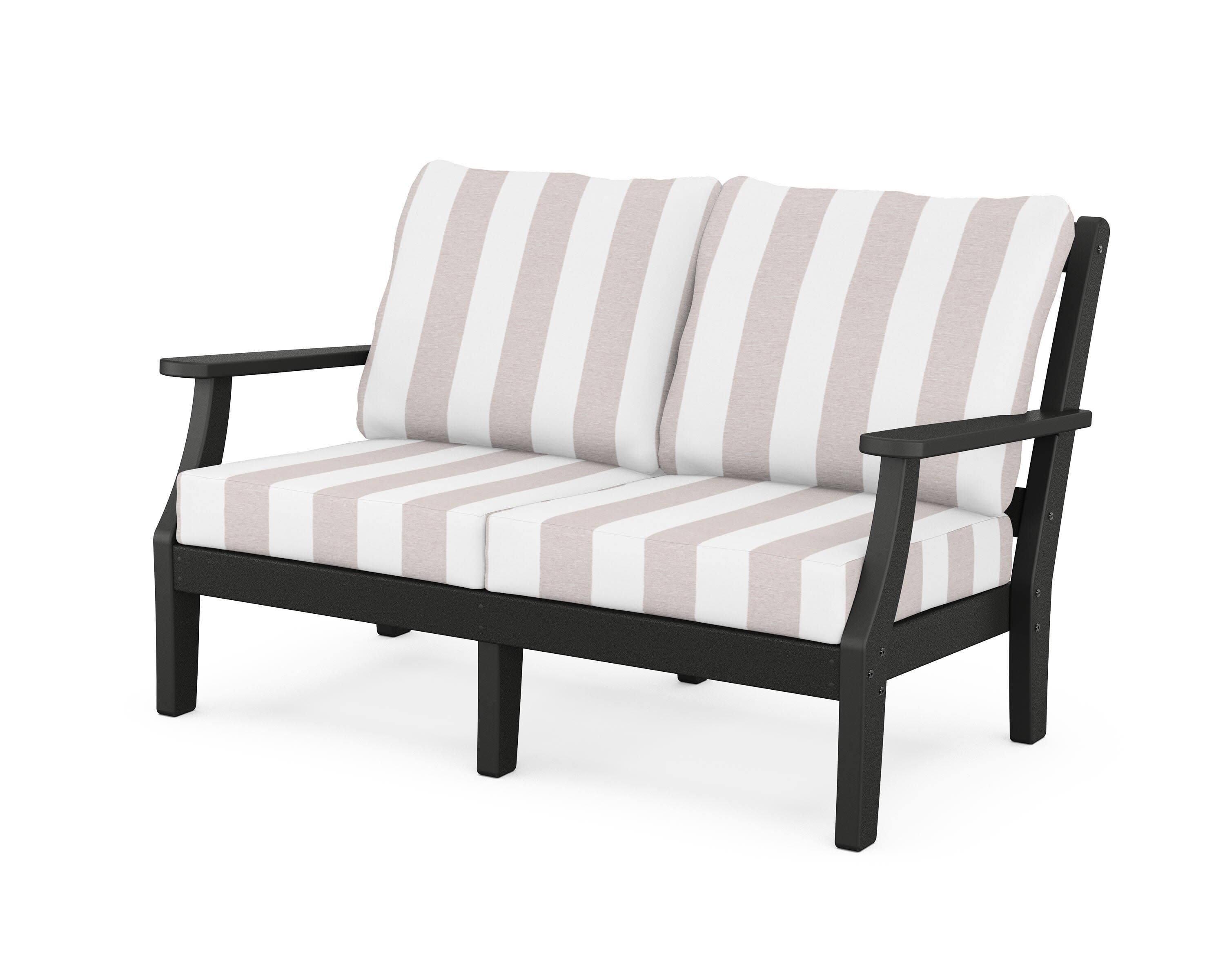 Chinoiserie Deep Seating Loveseat in Black / Cabana Stripe Dune Burlap