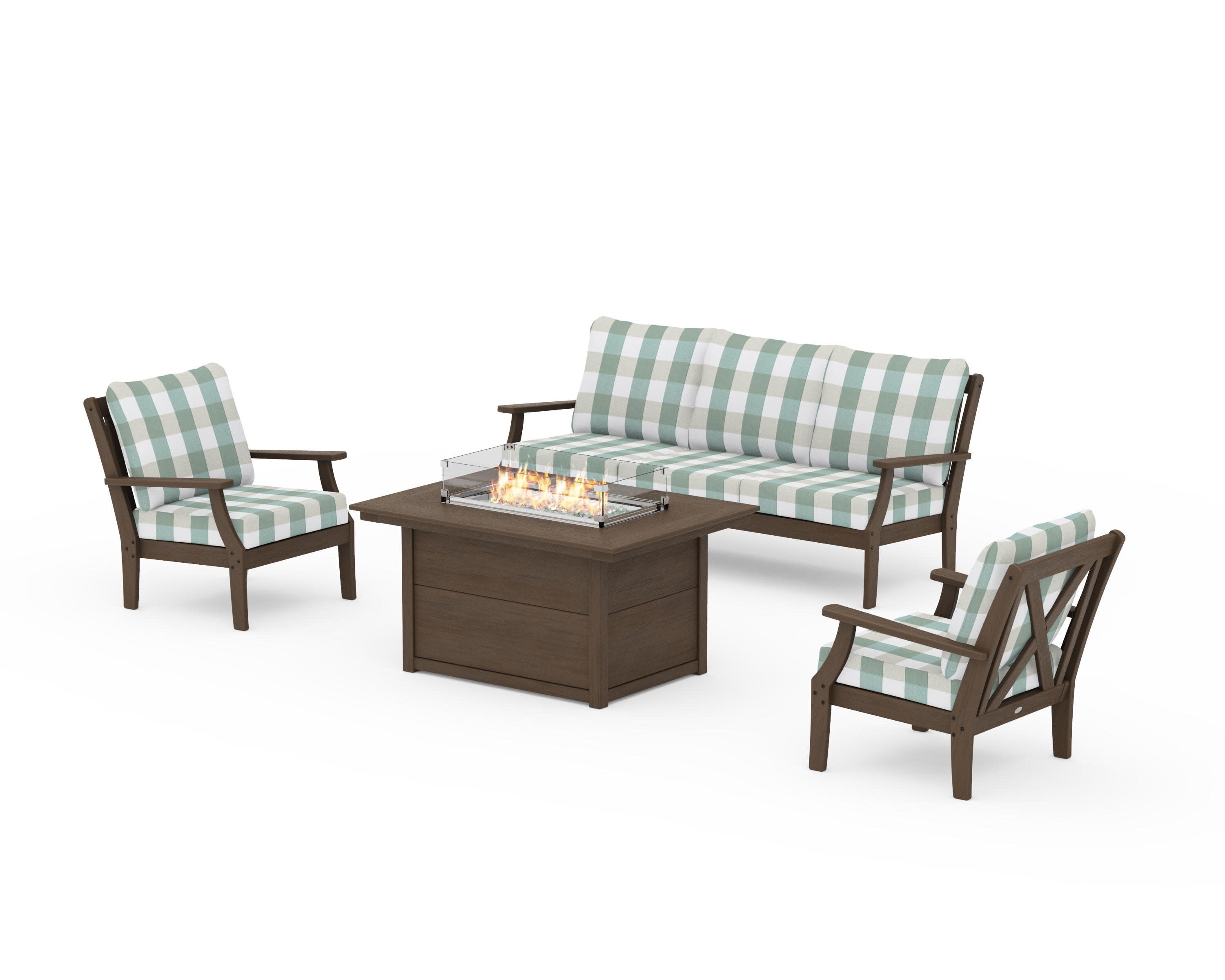 Braxton Deep Seating Fire Pit Table Set in Kona / Buffalo Plaid Glacier Spa