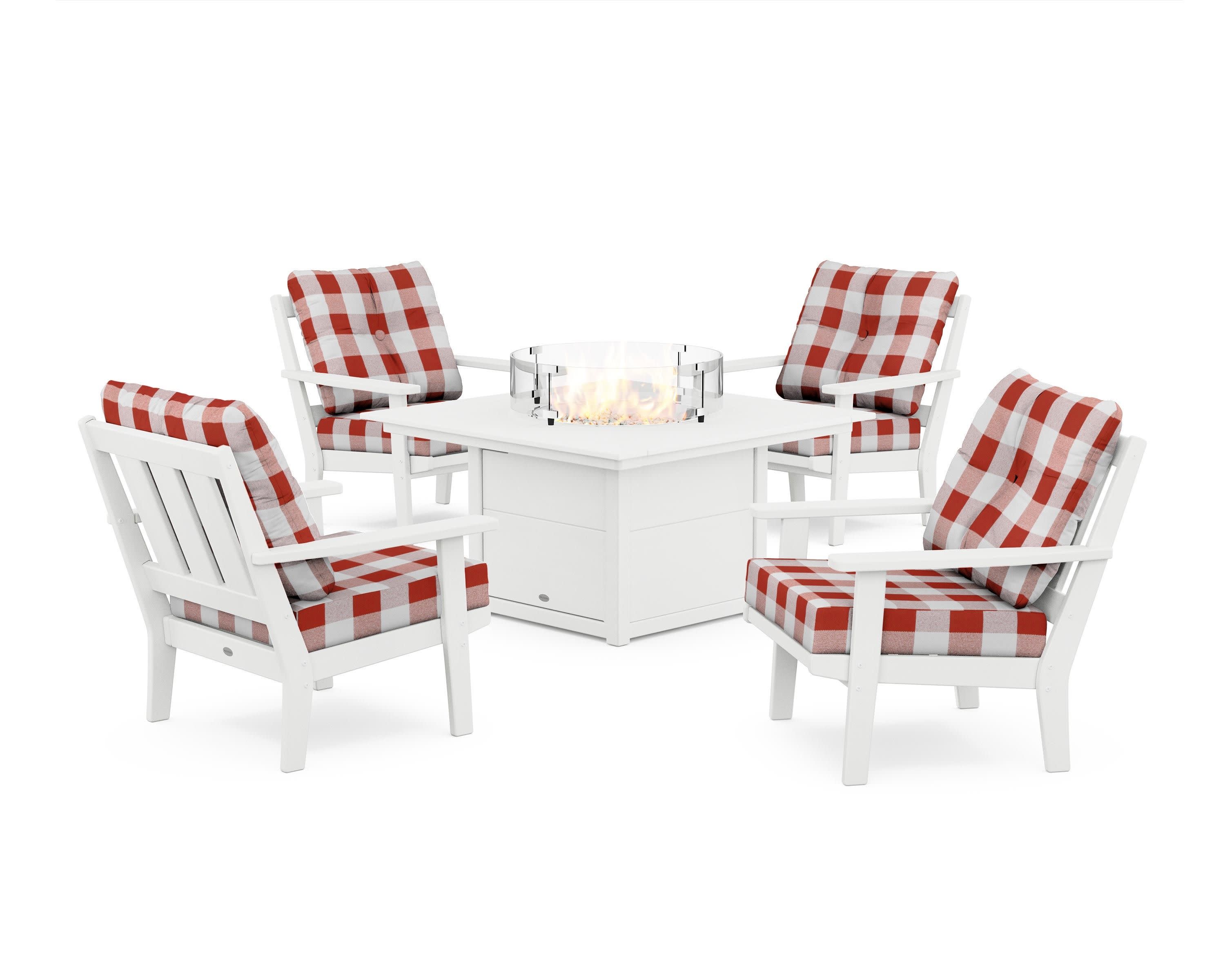 Oxford 5-Piece Deep Seating Set with Fire Pit Table in White / Buffalo Plaid Crimson