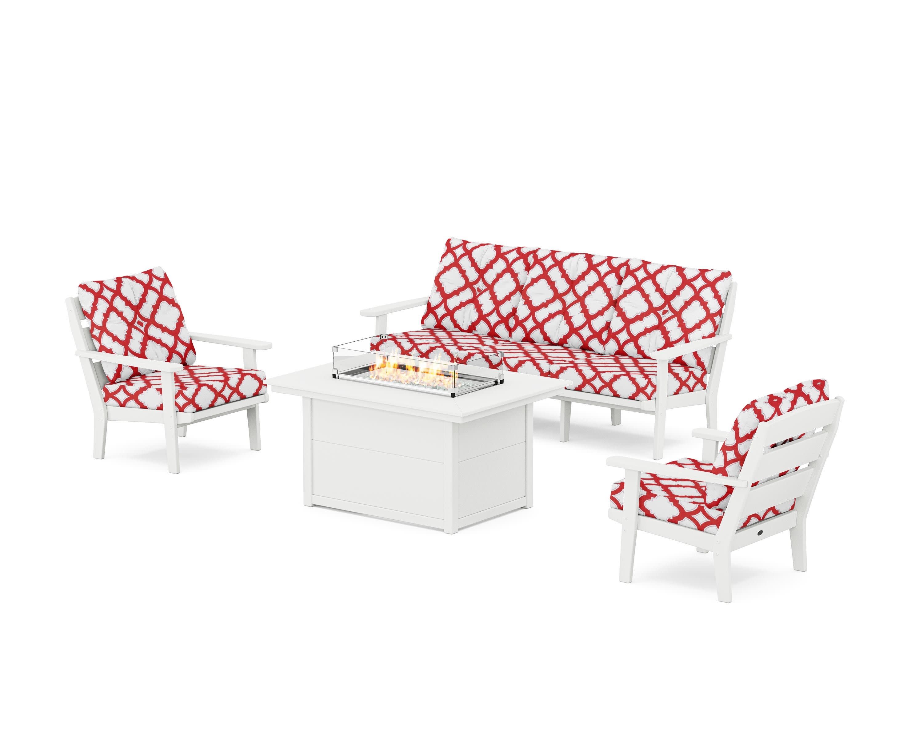 Lakeside Deep Seating Fire Pit Table Set in White / Trellis Crimson