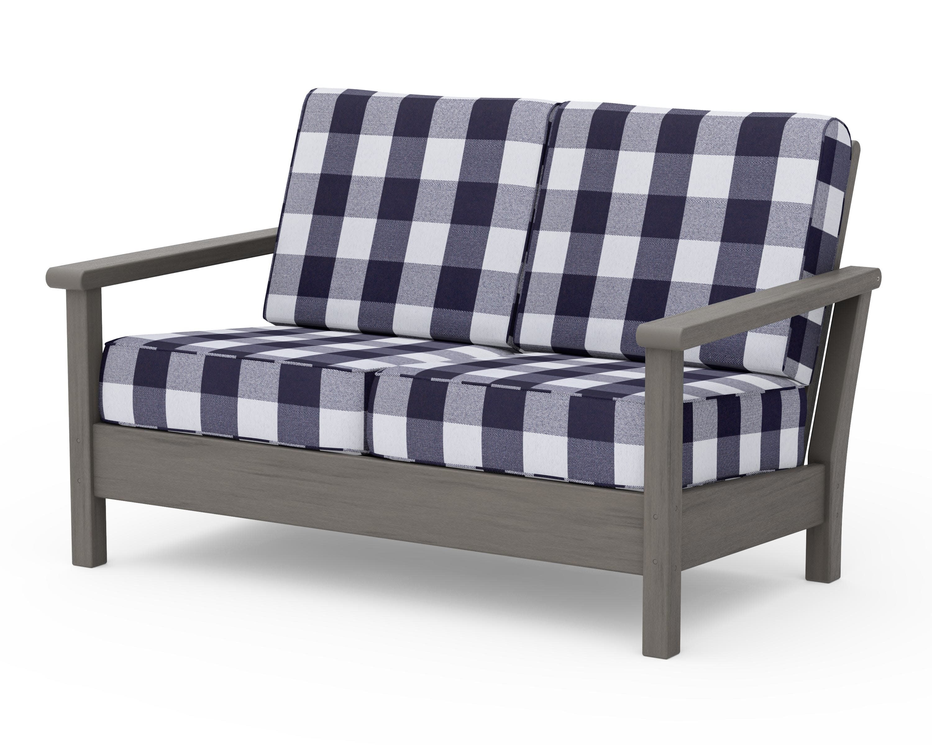 Harbour Deep Seating Loveseat in Driftwood / Buffalo Plaid Navy