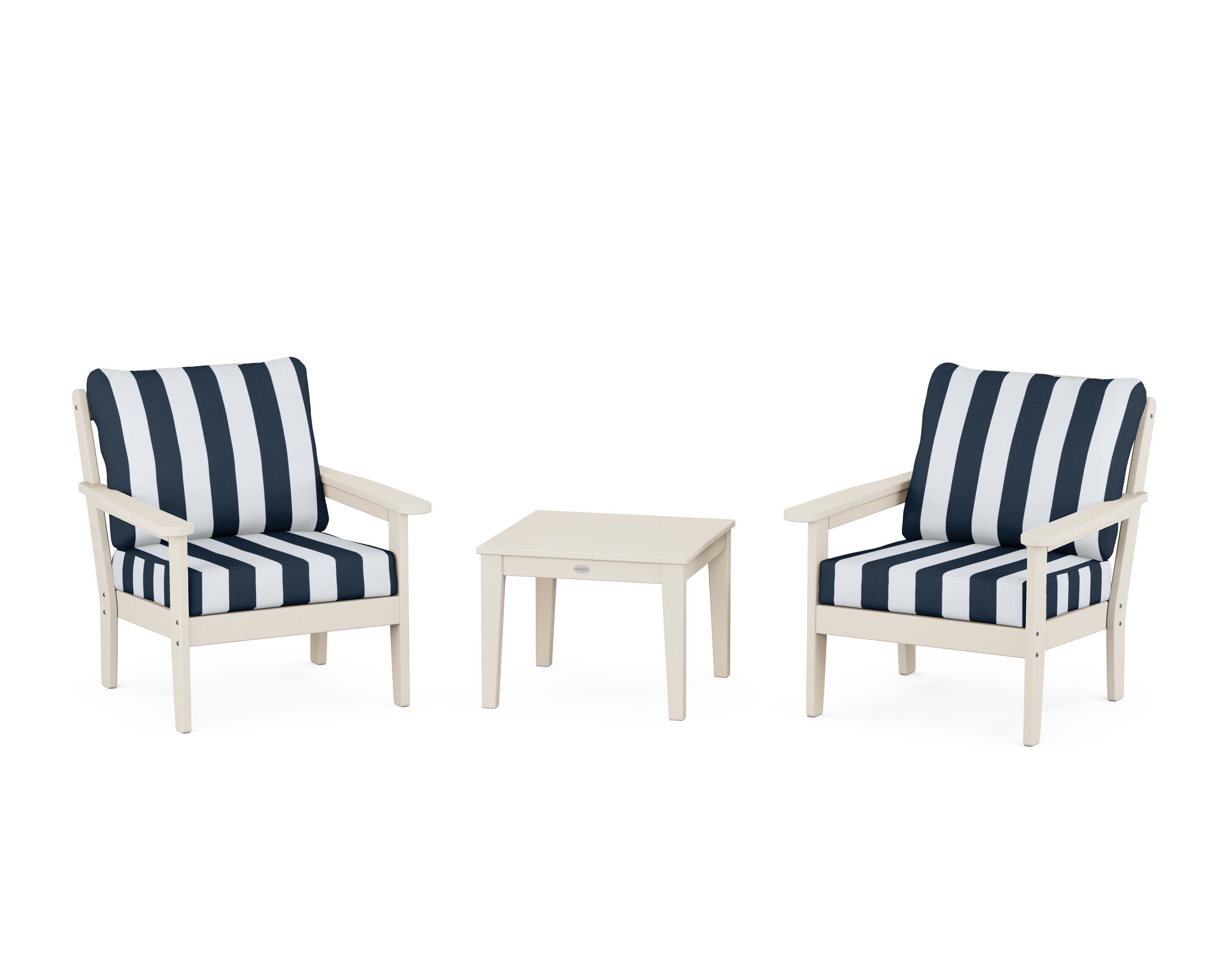 Cottage 3-Piece Deep Seating Set in Sand / Cabana Stripe Marine Indigo