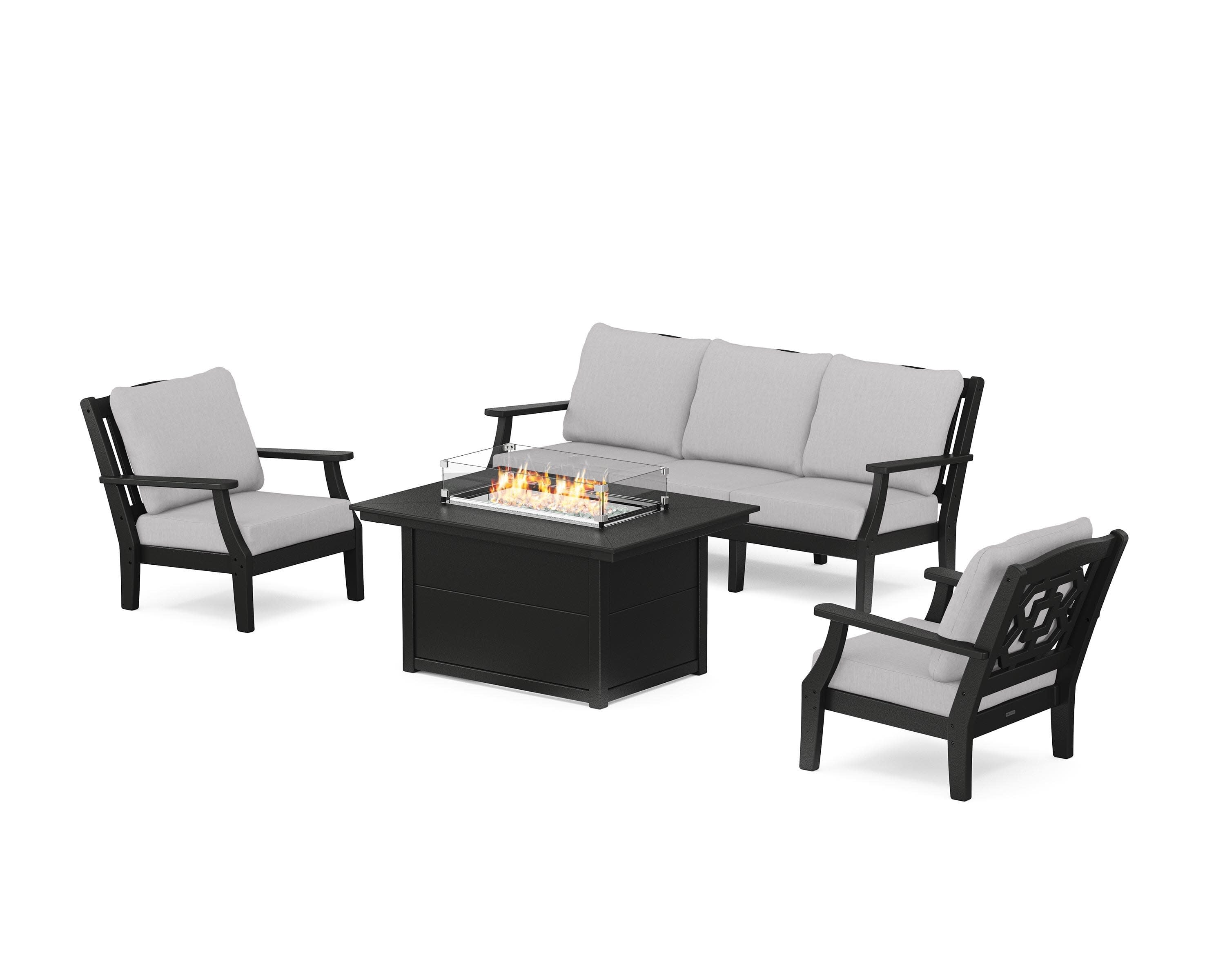 Chinoiserie Deep Seating Fire Pit Table Set in Black / Granite