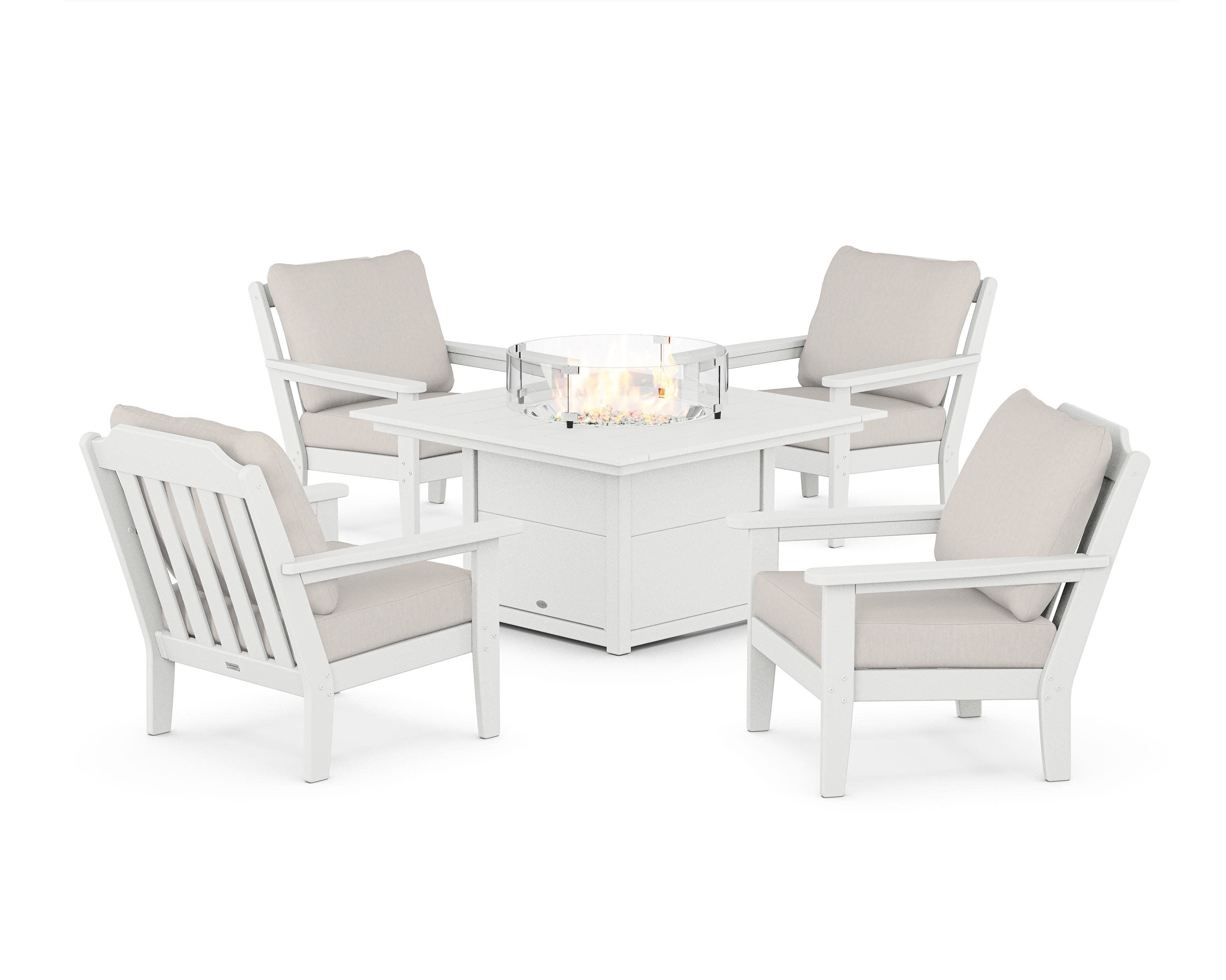 Cottage 5-Piece Deep Seating Set with Fire Pit Table in White / Cast Ash