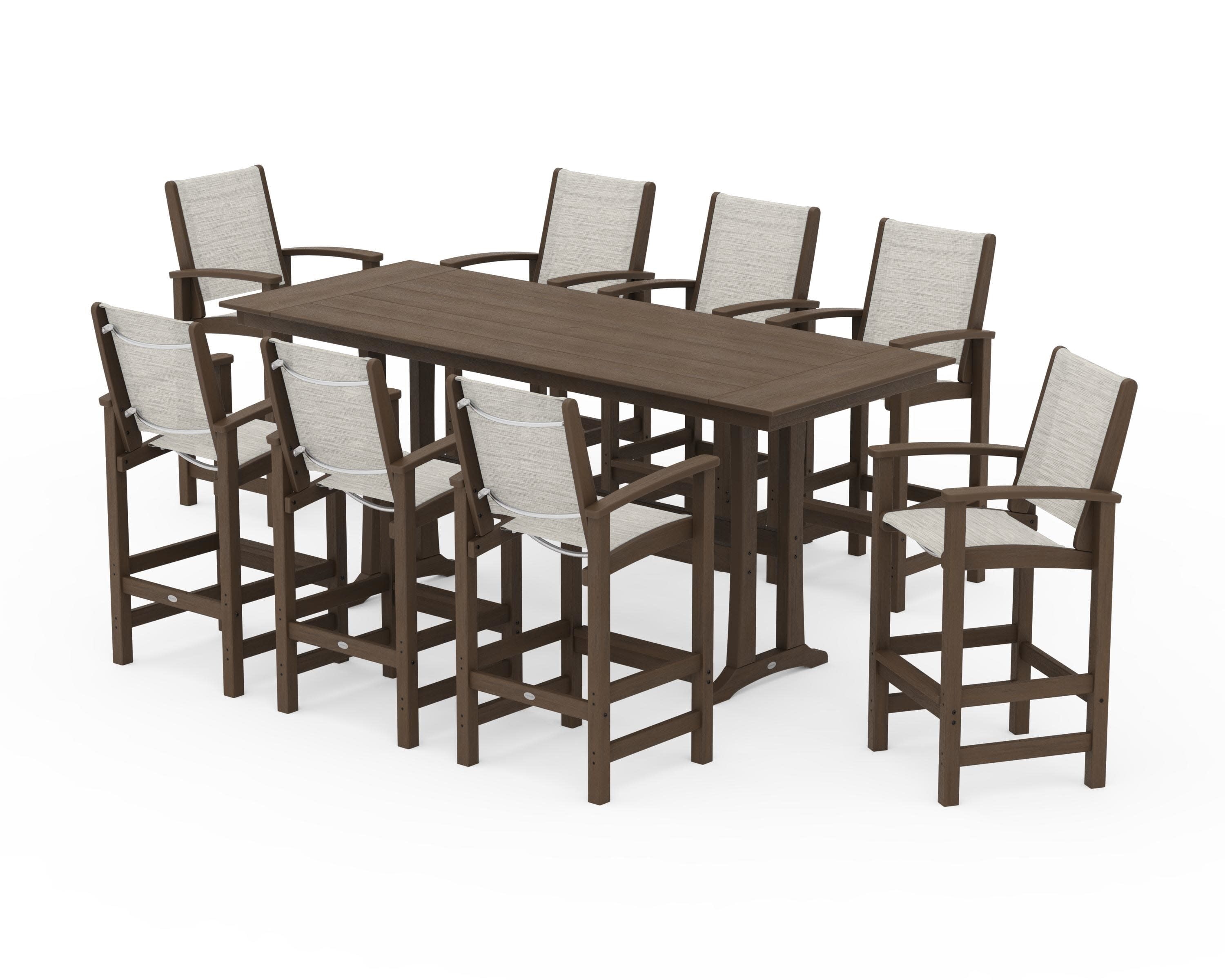 Coastal 9-Piece Farmhouse Bar Set with Trestle Legs in Kona / Birch Sling