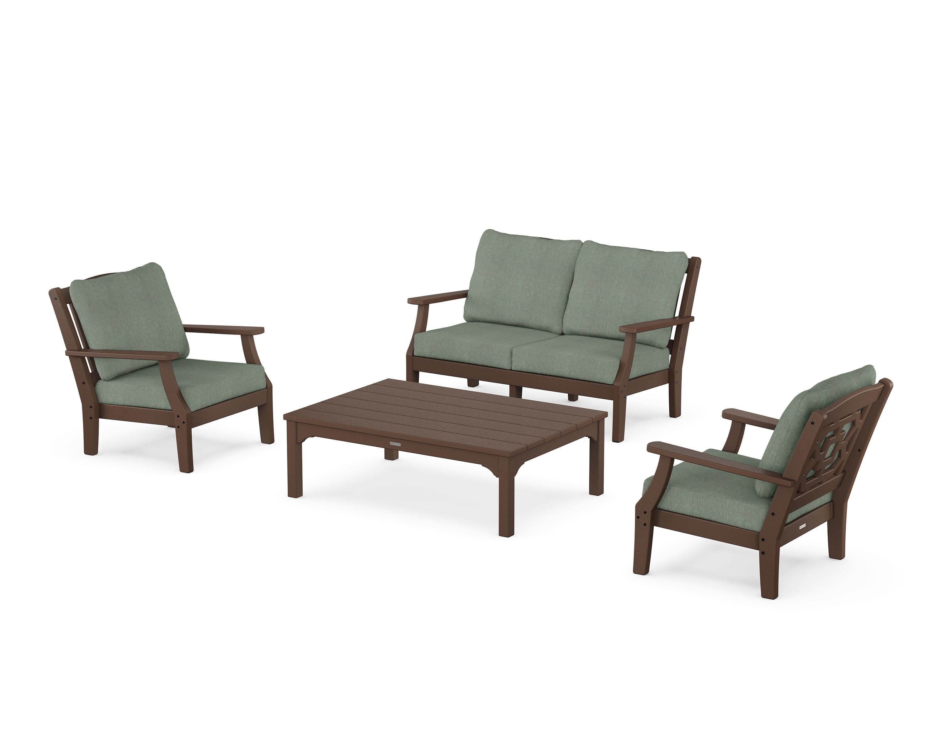 Chinoiserie 4-Piece Deep Seating Set with Loveseat in Mahogany / Cast Sage