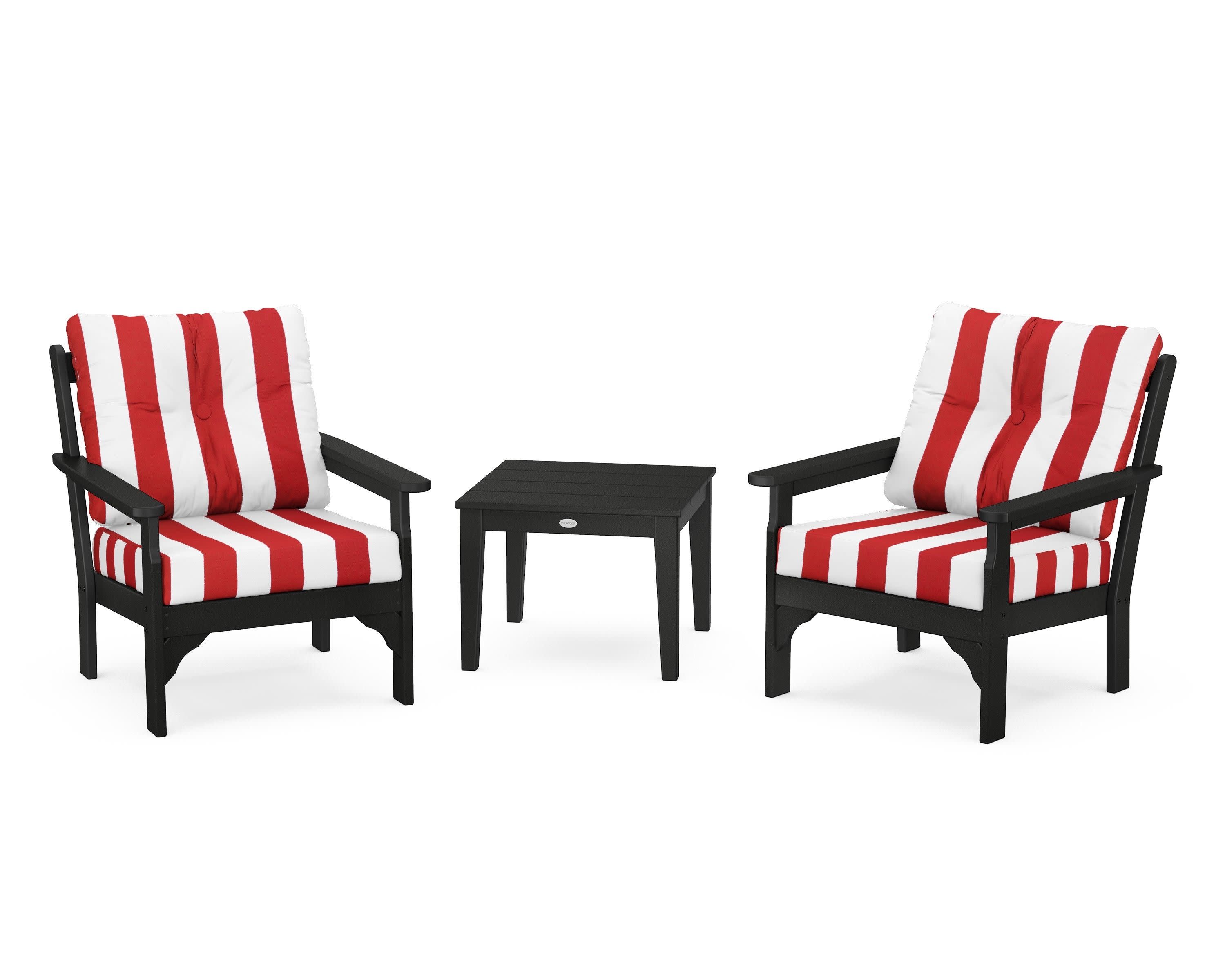Vineyard 3-Piece Deep Seating Set in Black / Cabana Stripe Crimson