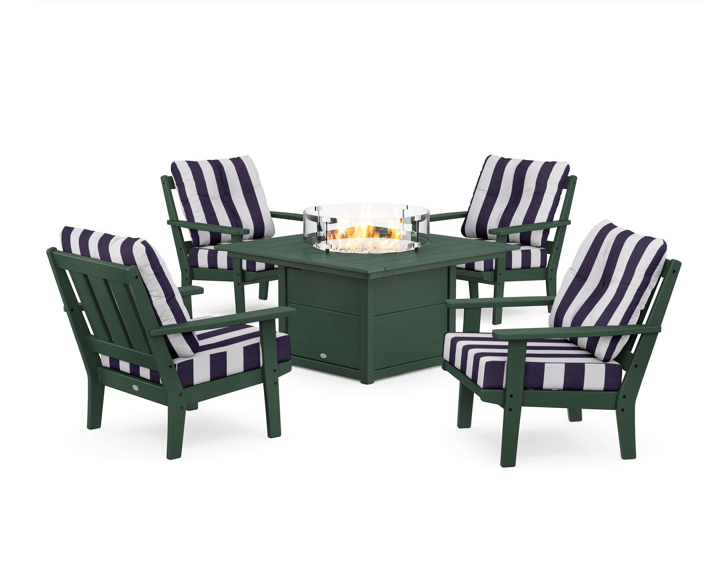 Oxford 5-Piece Deep Seating Set with Fire Pit Table in Green / Cabana Stripe Navy