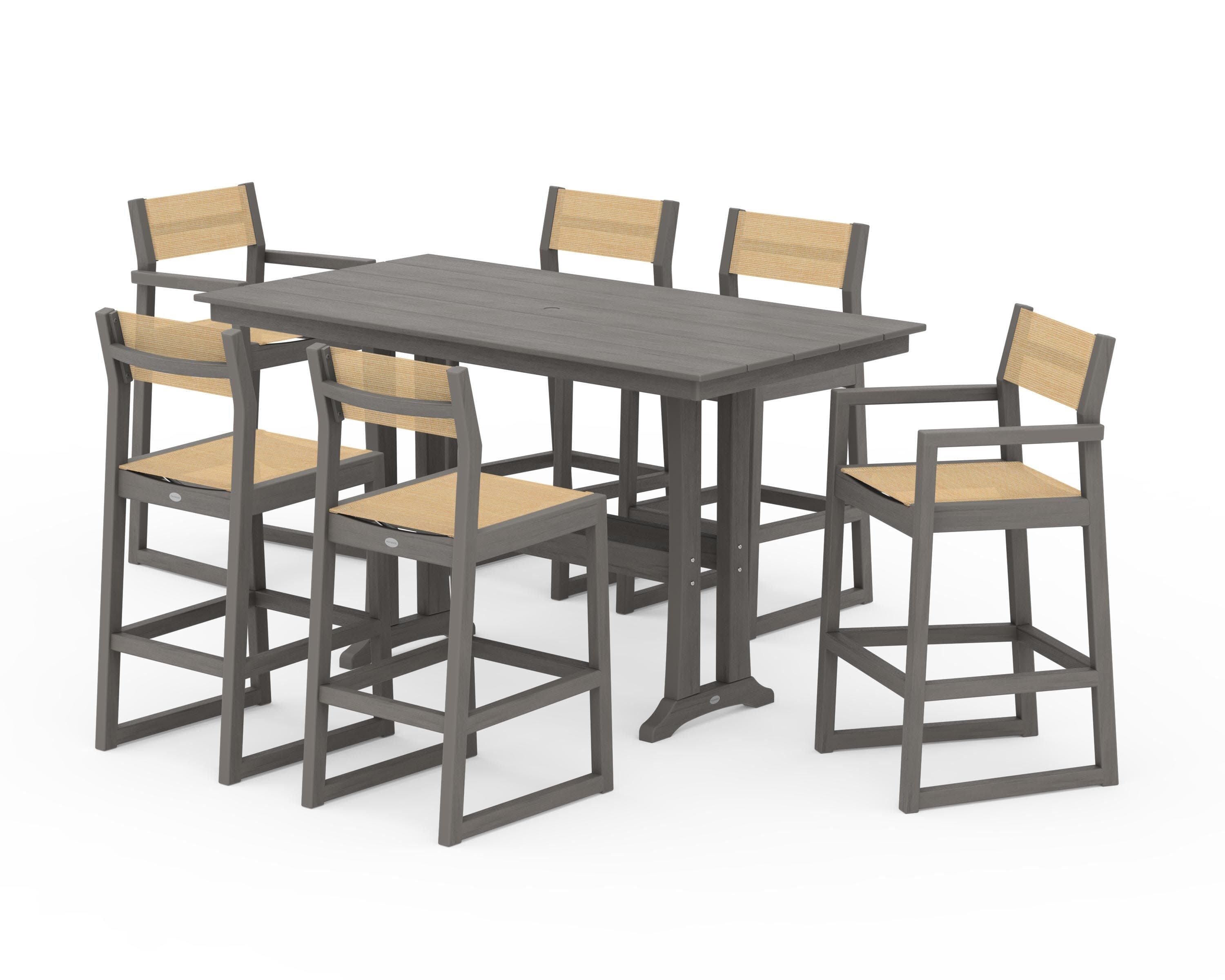 EDGE Sling 7-Piece Farmhouse Bar Set with Trestle Legs in Driftwood / Dupioni Apricot Sling