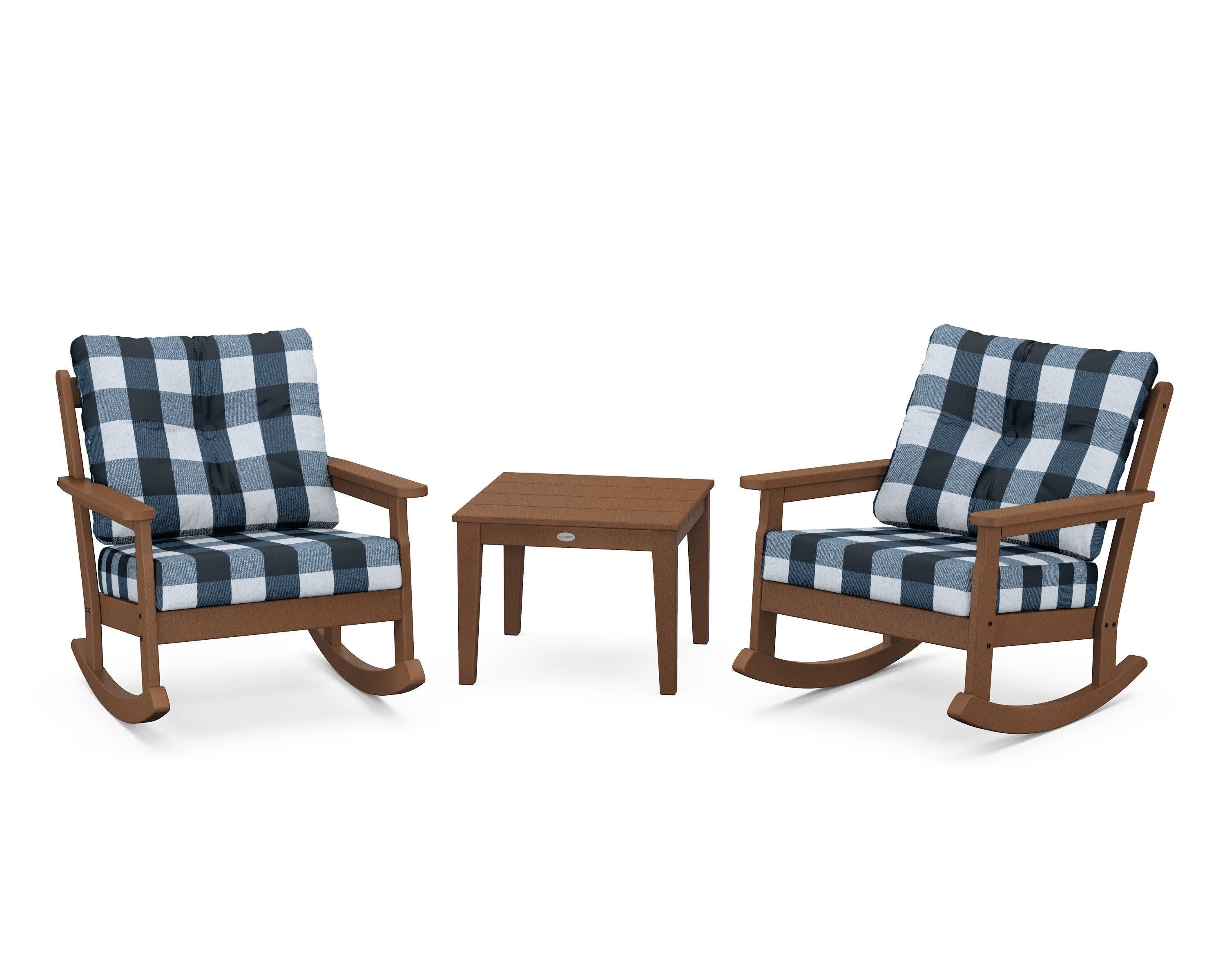 Vineyard 3-Piece Deep Seating Rocker Set in Teak / Buffalo Plaid Marine Indigo