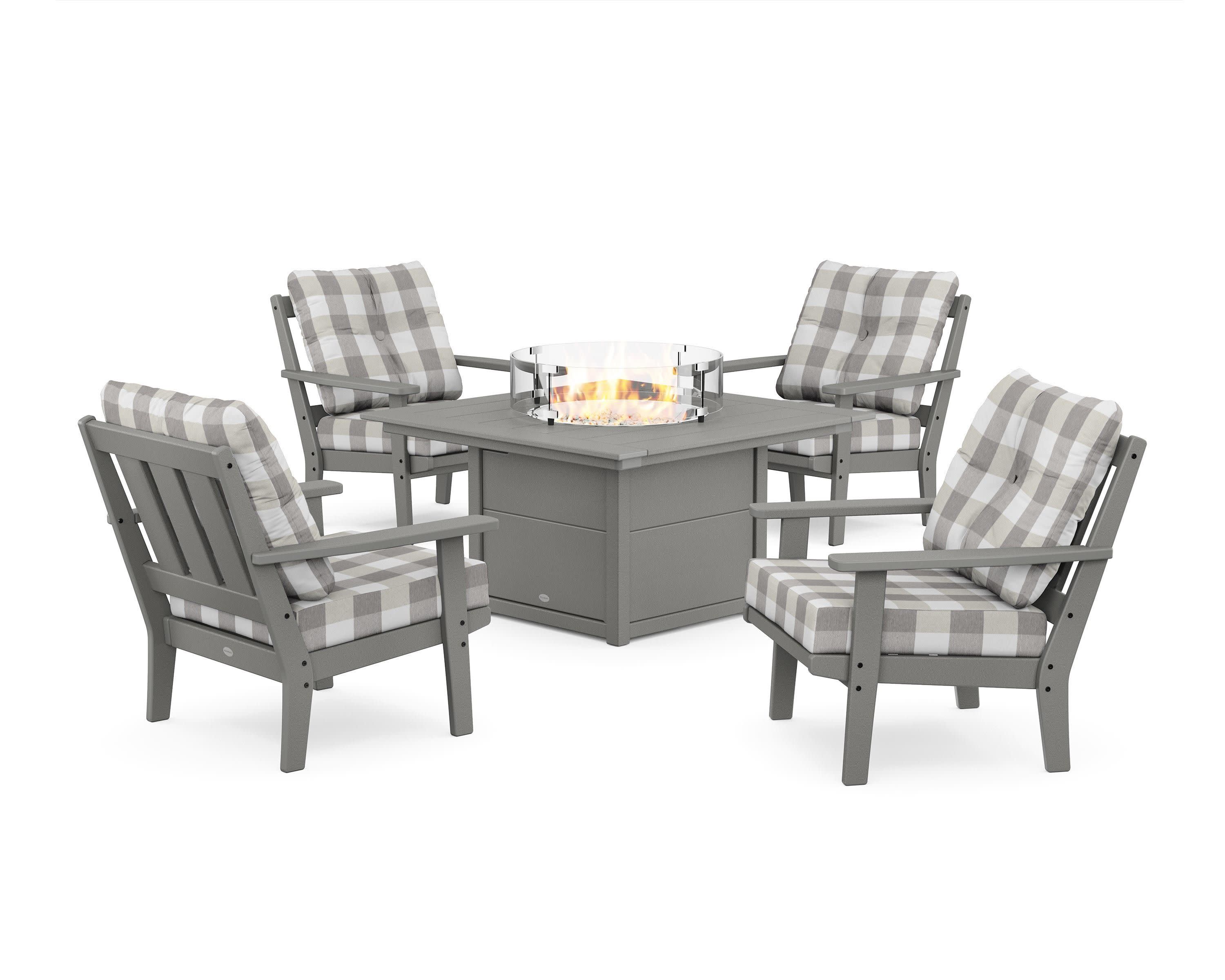 Oxford 5-Piece Deep Seating Set with Fire Pit Table in Slate Grey / Buffalo Plaid Grey Mist