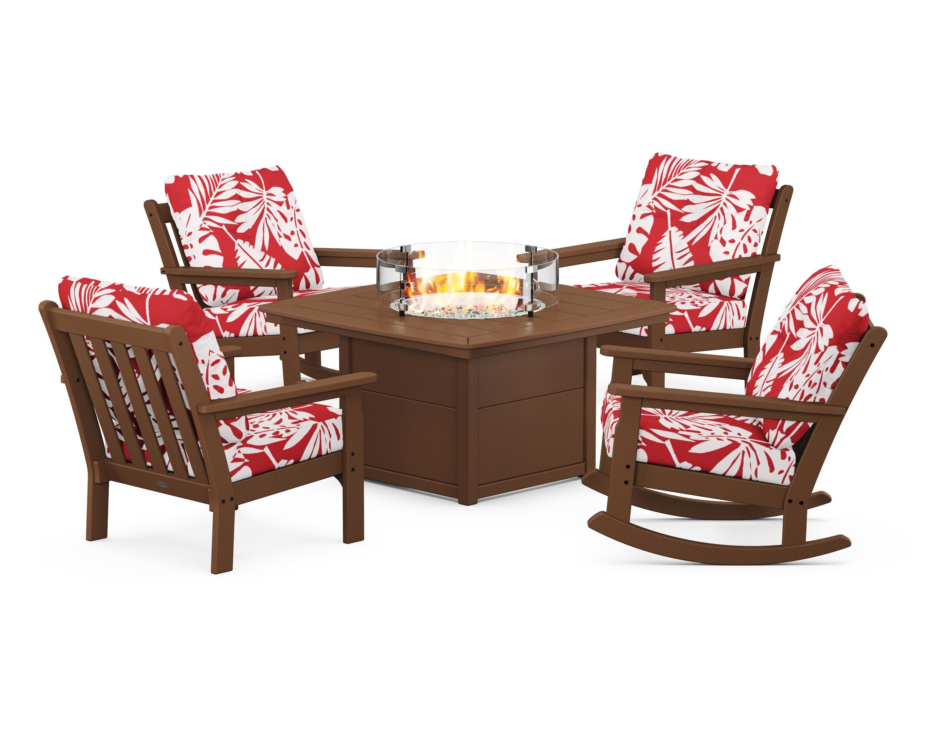Vineyard 5-Piece Deep Seating Rocking Chair Conversation Set with Fire Pit Table in Teak / Leaf Crimson