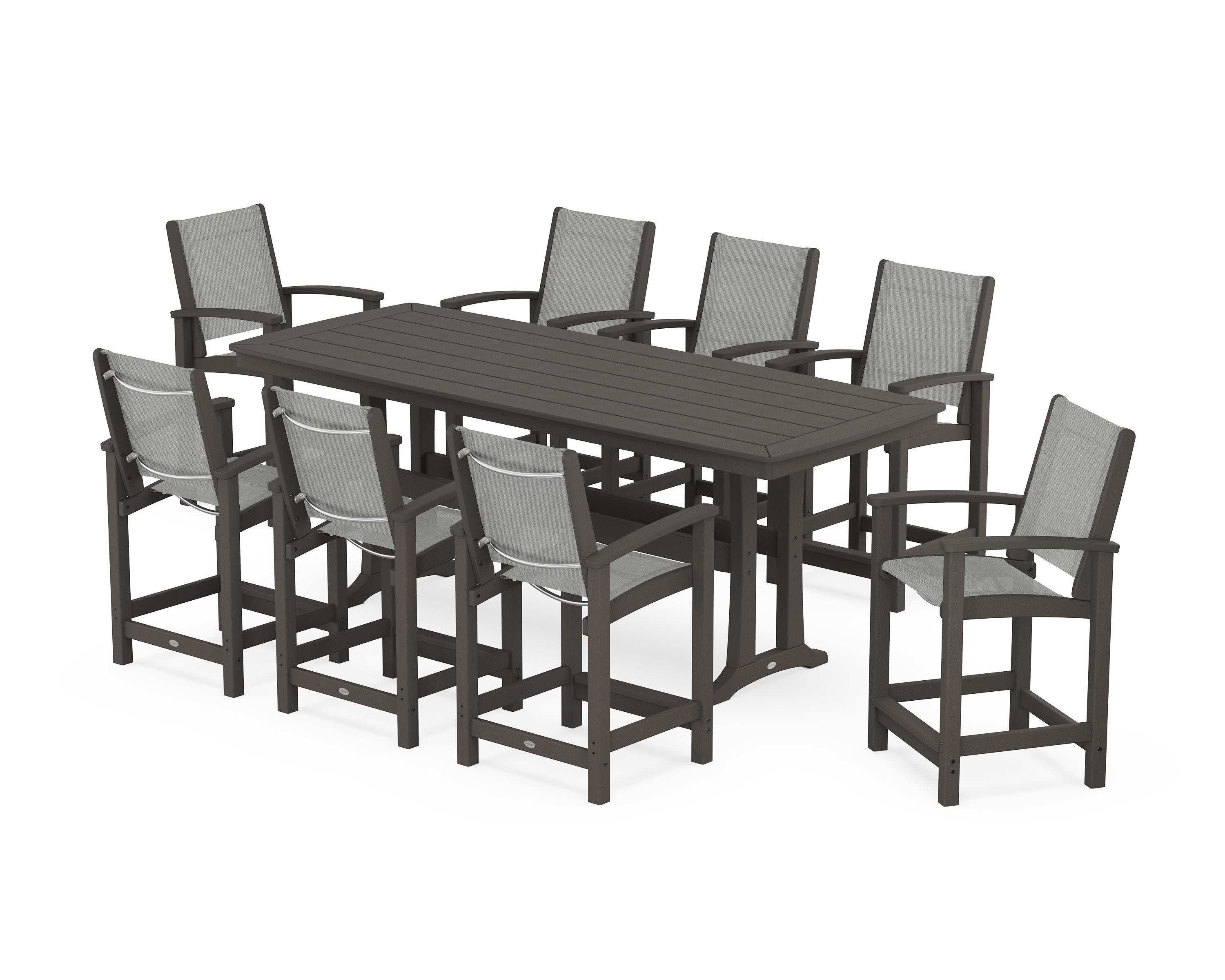 Coastal 9-Piece Counter Set with Trestle Legs in Vintage Coffee / Metallic Sling