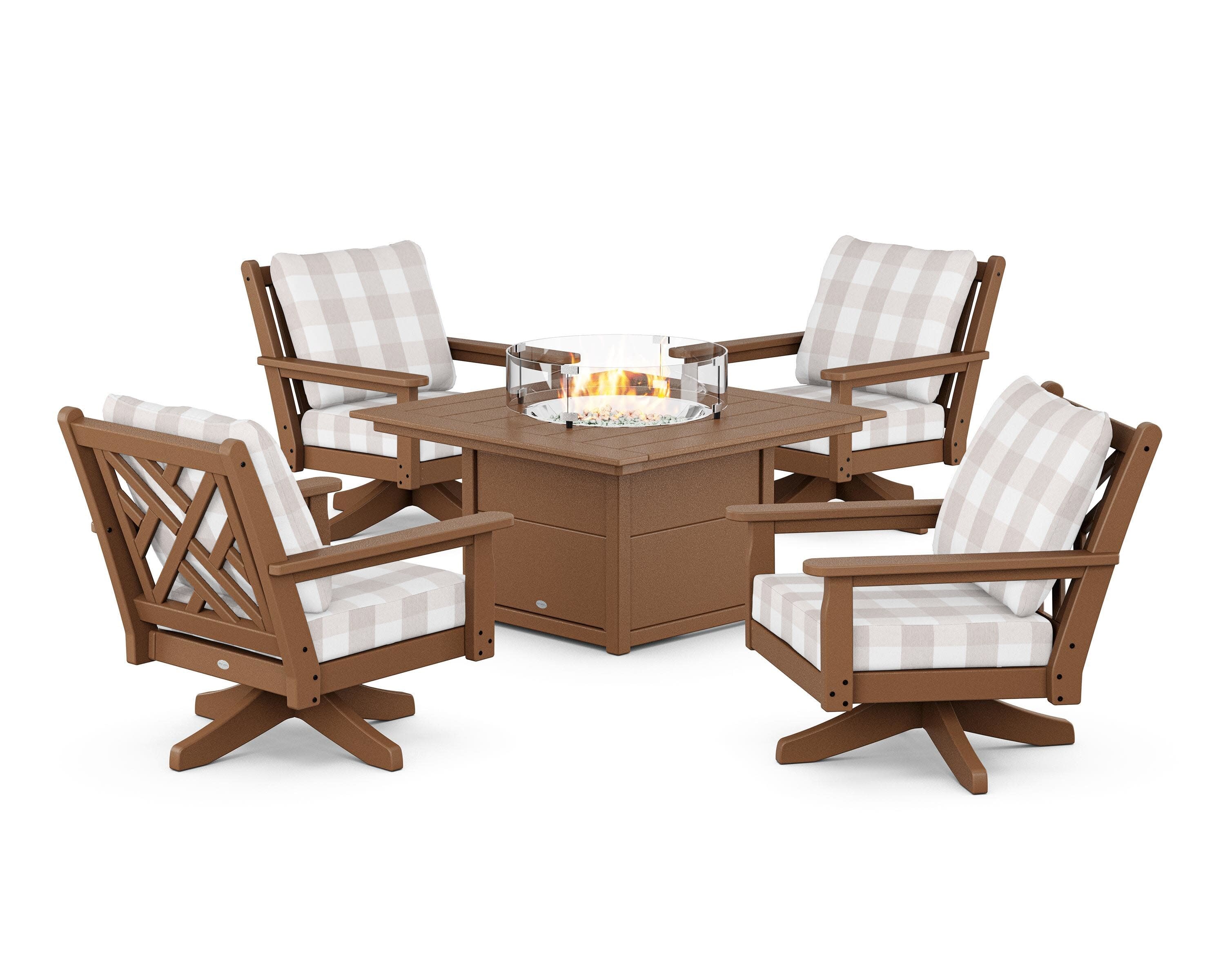 Chippendale 5-Piece Deep Seating Swivel Conversation Set with Fire Pit Table in Teak / Buffalo Plaid Dune Burlap