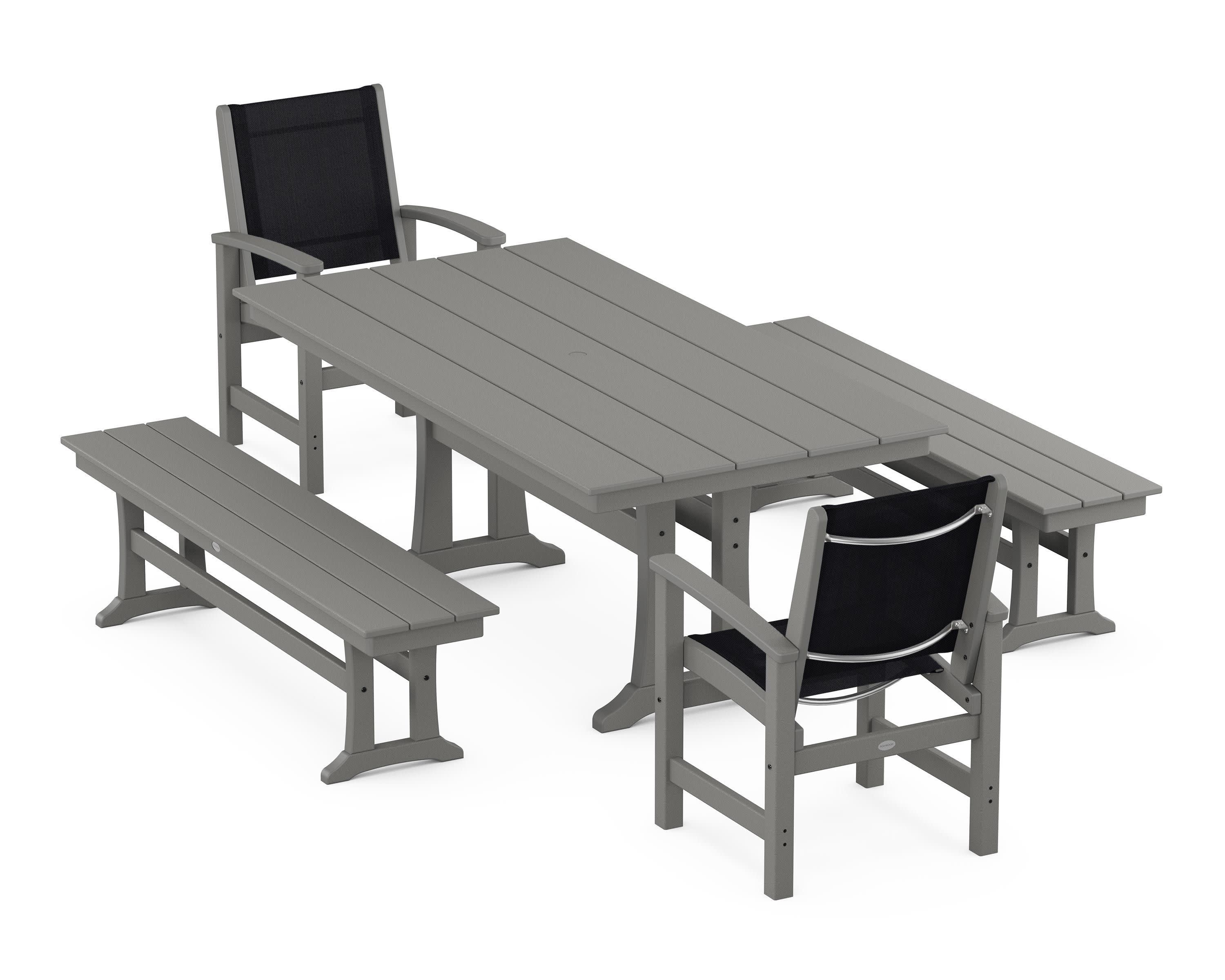 Coastal 5-Piece Farmhouse Dining Set with Trestle Legs and Benches in Slate Grey / Black Sling