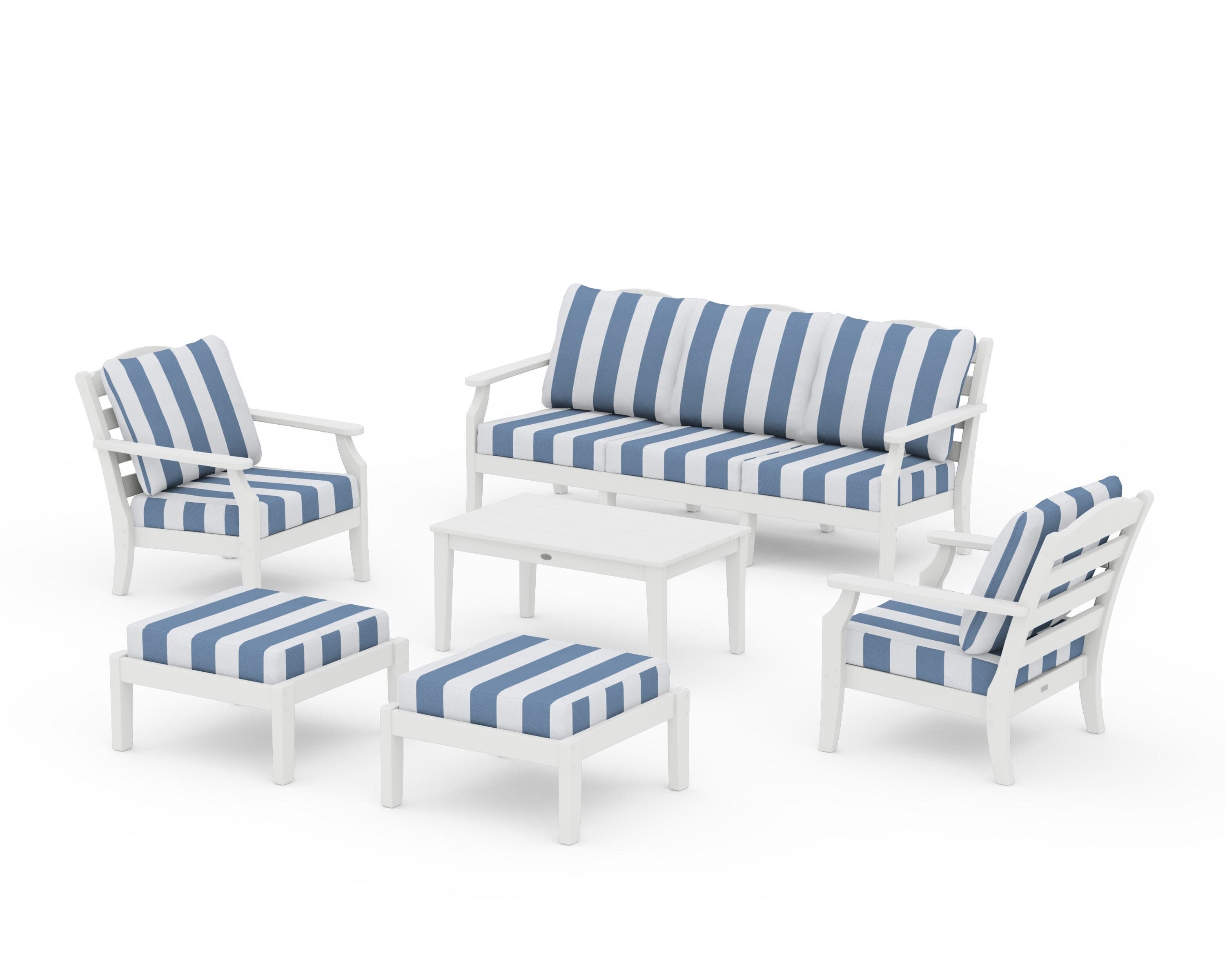 Savannah 6-Piece Lounge Sofa Set in Vintage White / Cabana Stripe Sky Blue