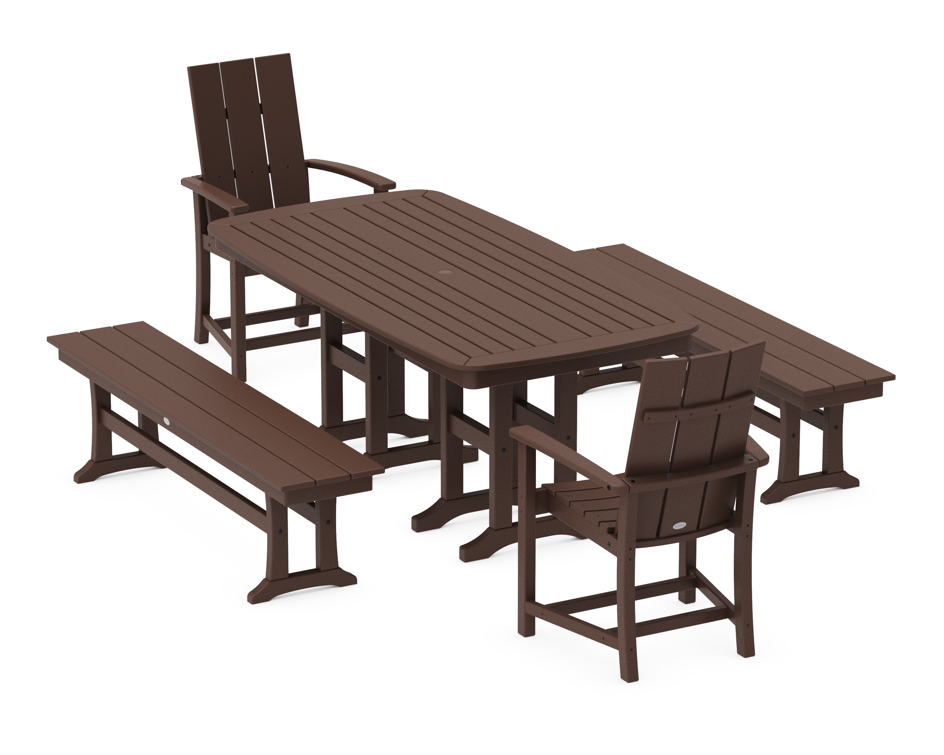 Modern Adirondack 5-Piece Farmhouse Dining Set with Benches in Mahogany