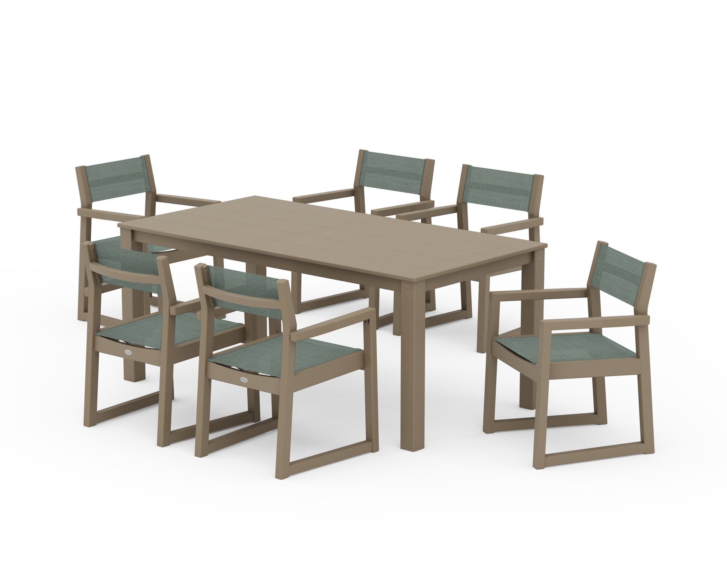 EDGE Sling Arm Chair 7-Piece Parsons Dining Set in Vintage Sahara / Dupioni Sea Mist Sling