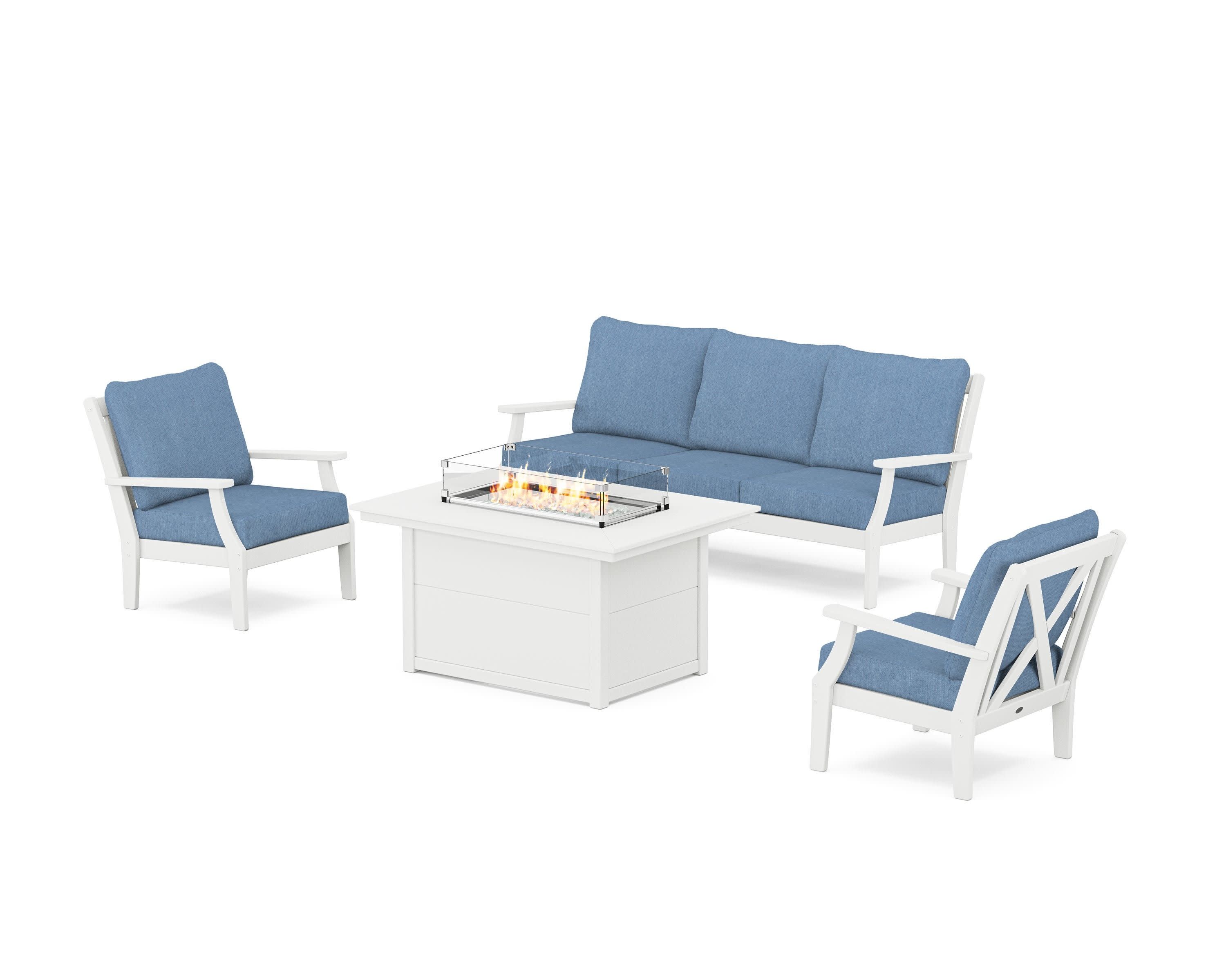 Braxton Deep Seating Fire Pit Table Set in White / Sky Blue