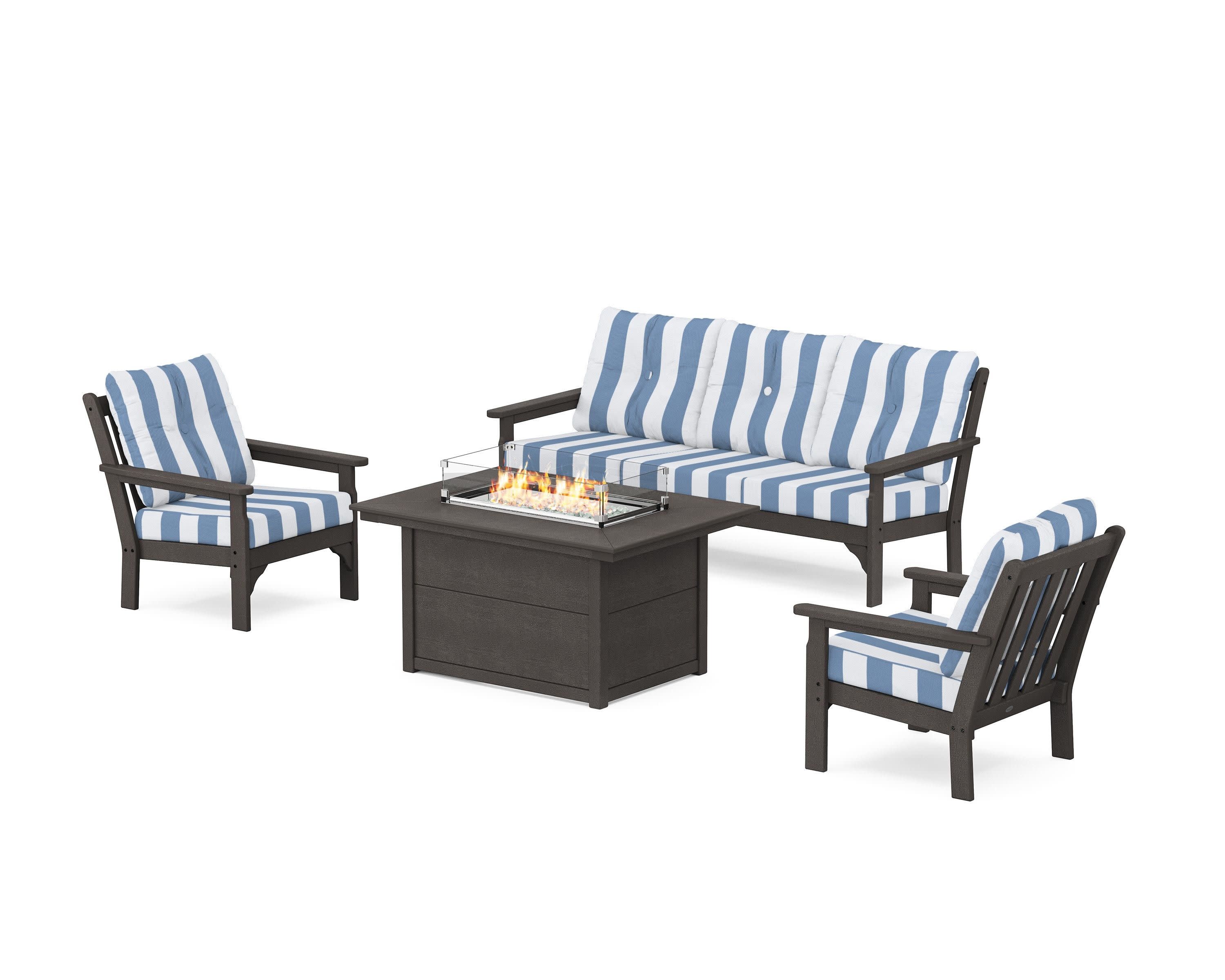 Vineyard Deep Seating Fire Pit Table Set in Vintage Coffee / Cabana Stripe Sky Blue
