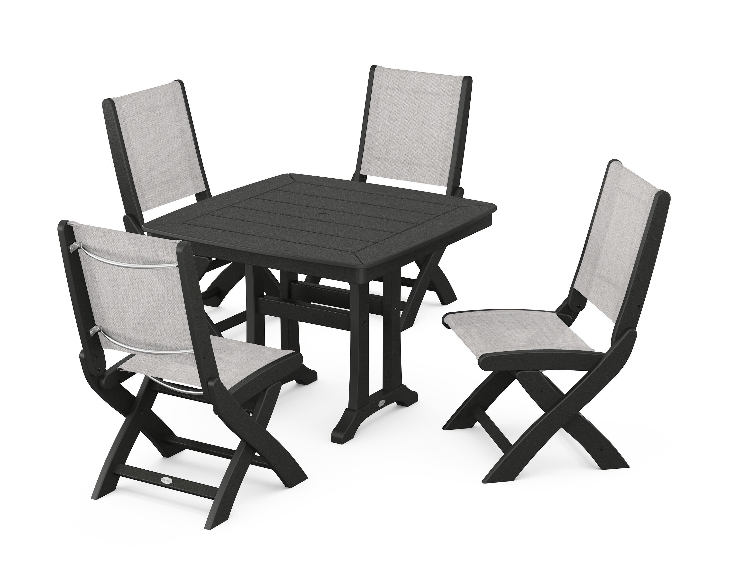 Coastal Folding Side Chair 5-Piece Dining Set with Trestle Legs in Black / Parchment Sling