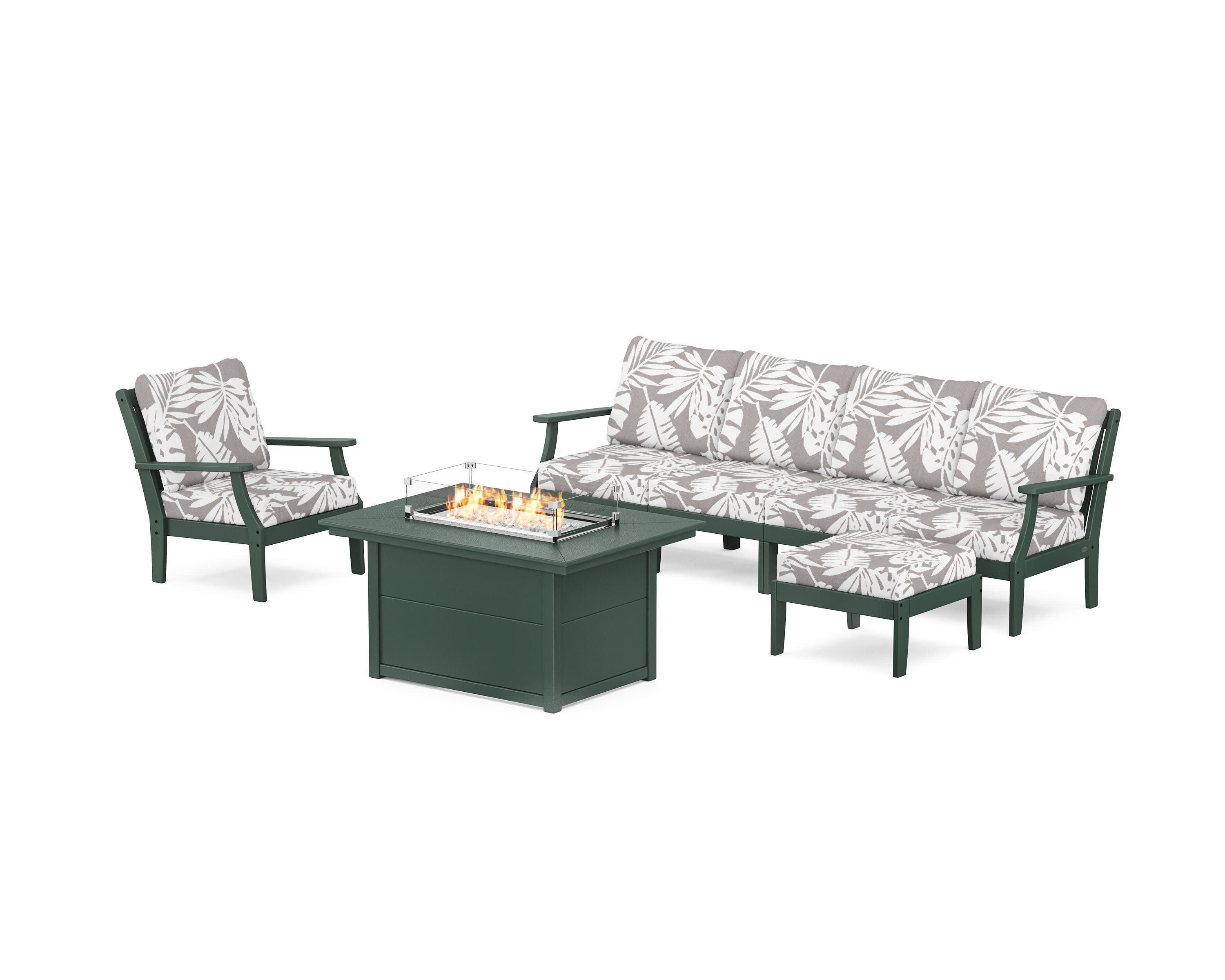 Braxton Sectional Lounge and Fire Pit Set in Green / Leaf Grey Mist