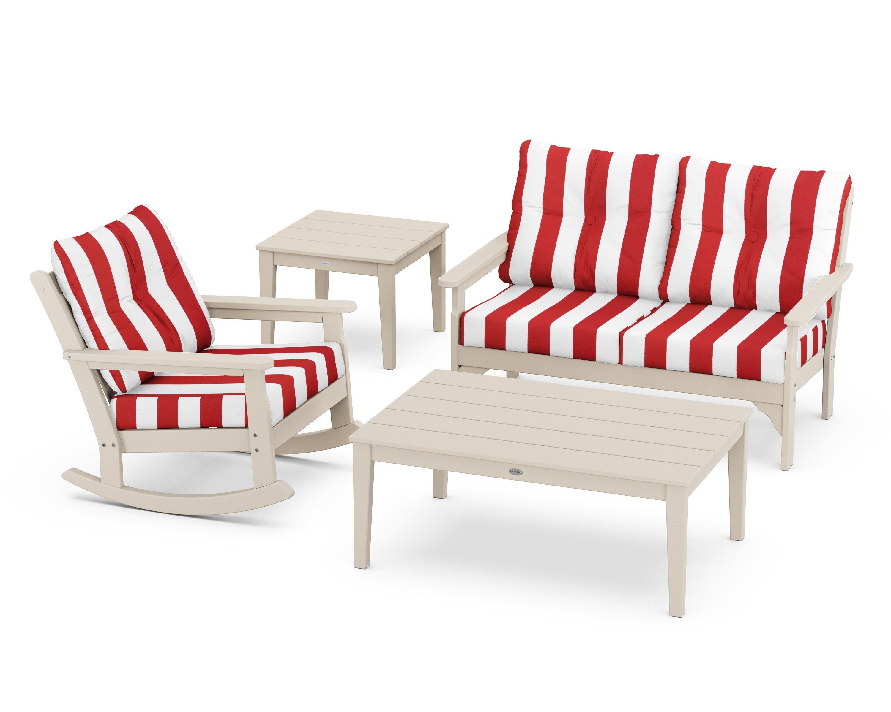 Vineyard 4-Piece Deep Seating Rocker Set in Sand / Cabana Stripe Crimson