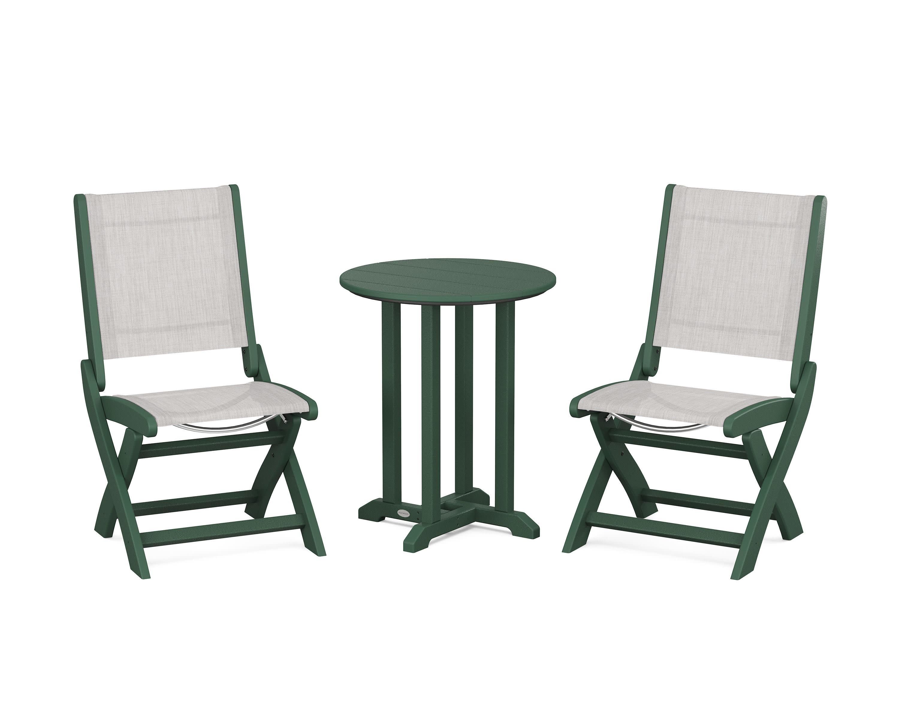 Coastal Folding Side Chair 3-Piece Round Bistro Dining Set in Green / Parchment Sling